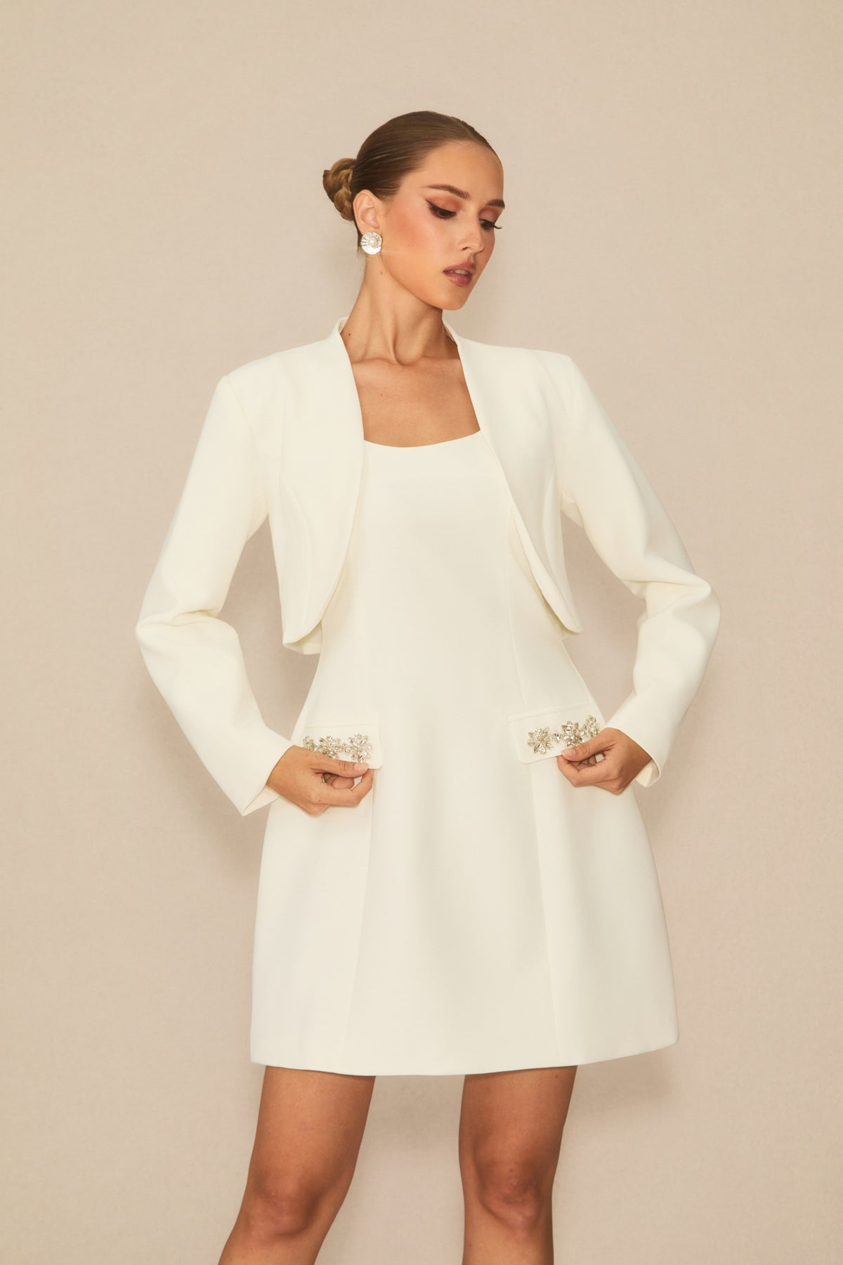 Flawless Confidence White Crystal Trim Mini Dress & Cropped Blazer Set
