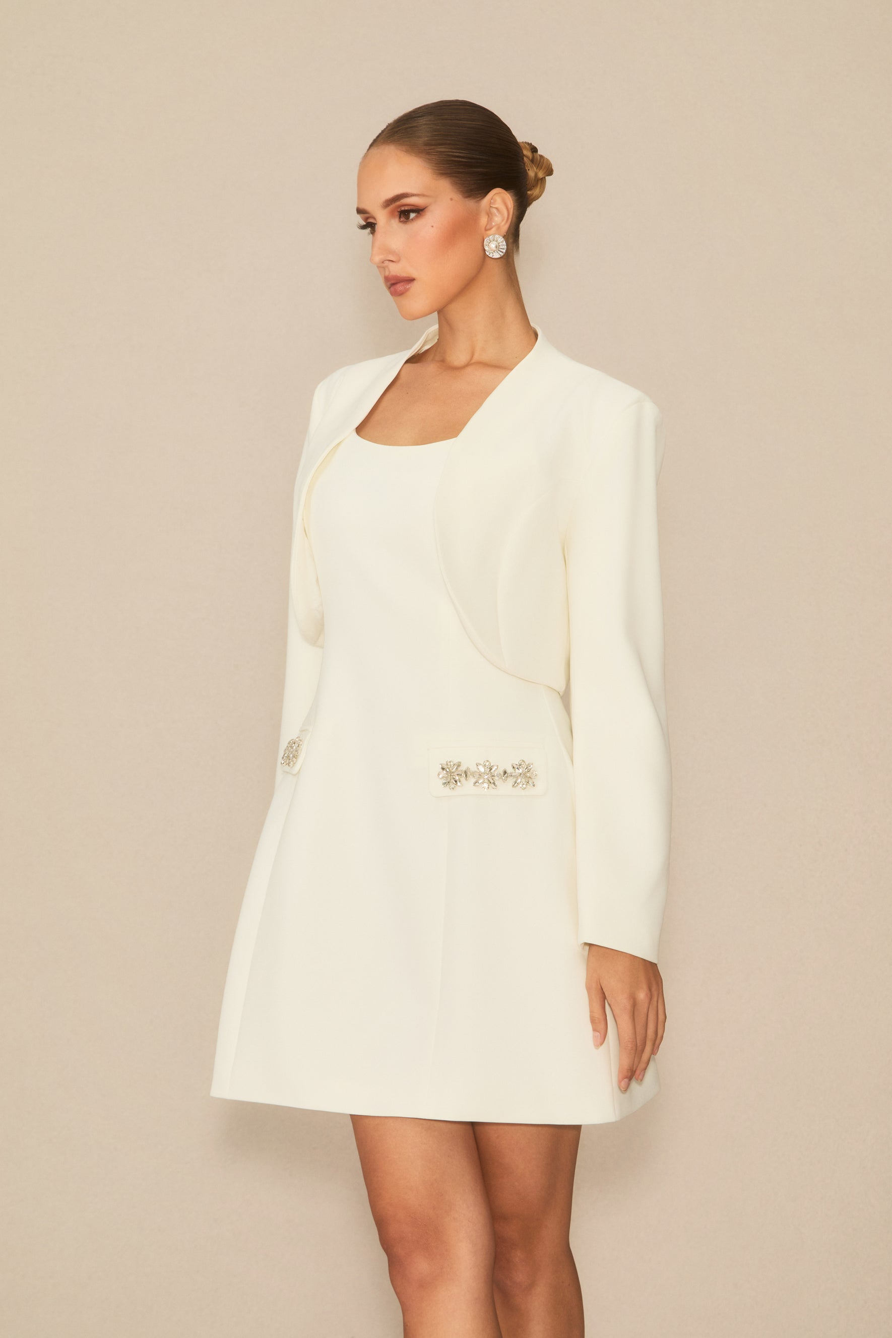 Flawless Confidence White Crystal Trim Mini Dress & Cropped Blazer Set