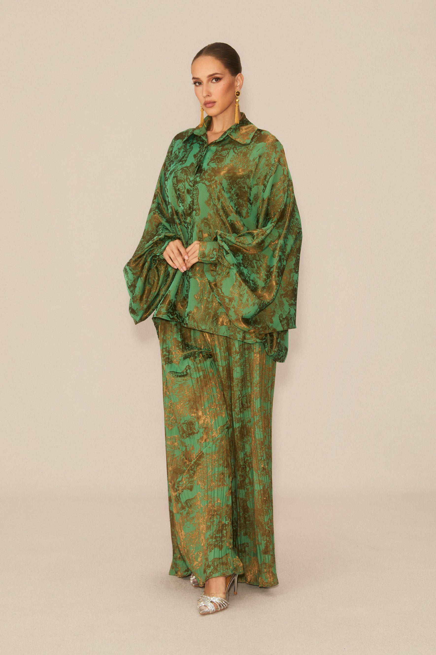 Breezy Getaway Green Printed Blouse & Pleated Wide-Leg Pants Set