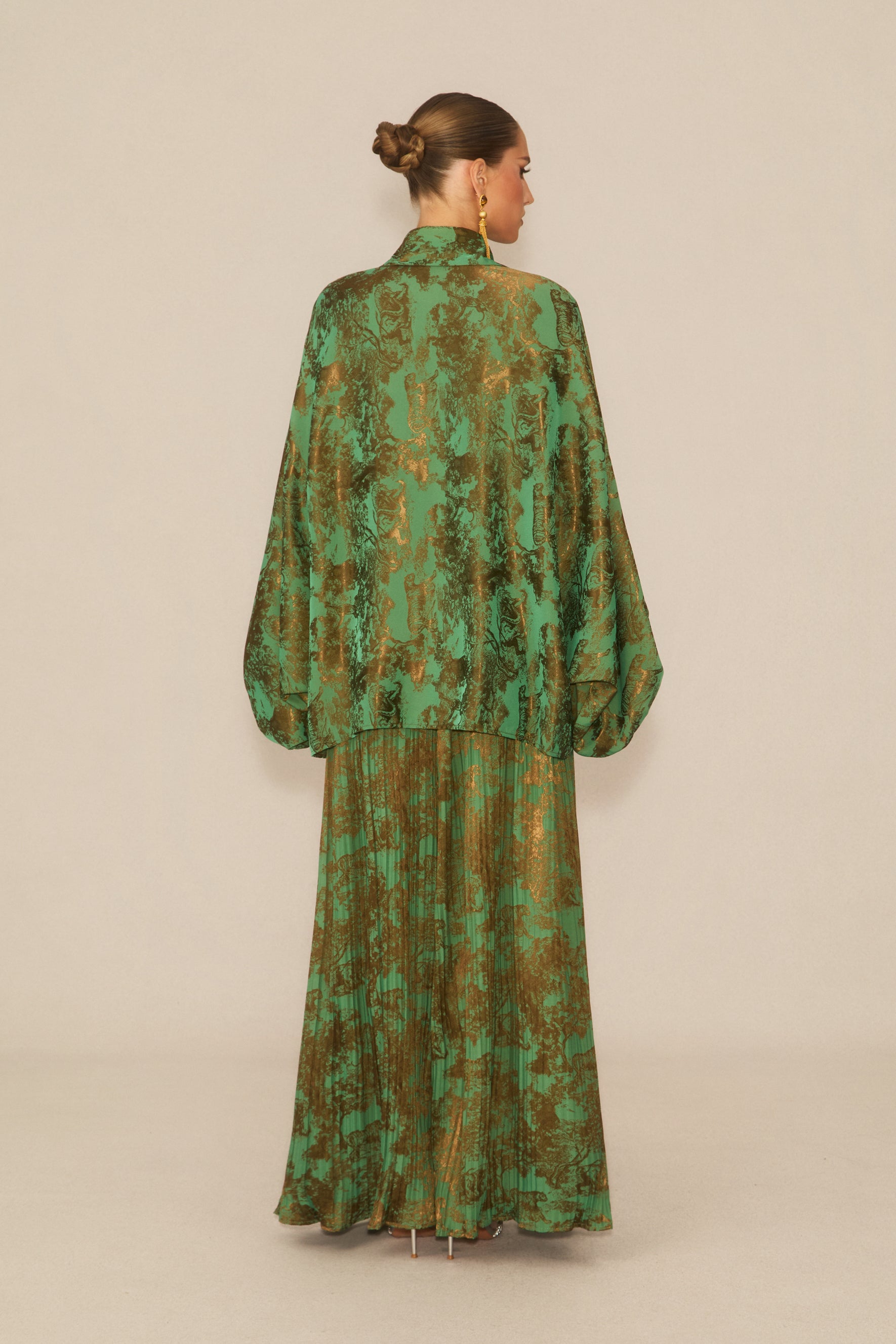 Breezy Getaway Green Printed Blouse & Pleated Wide-Leg Pants Set