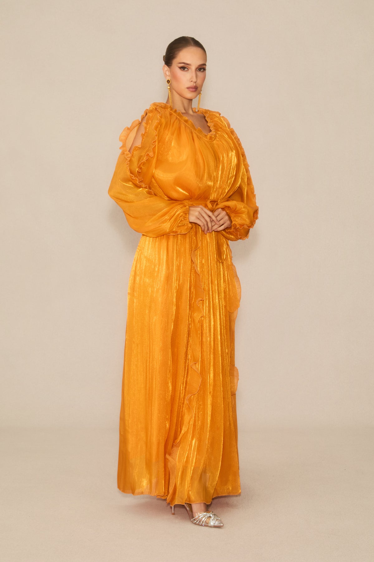 Attractive Radiance Orange V-Neck Ruffled Maxi Dress