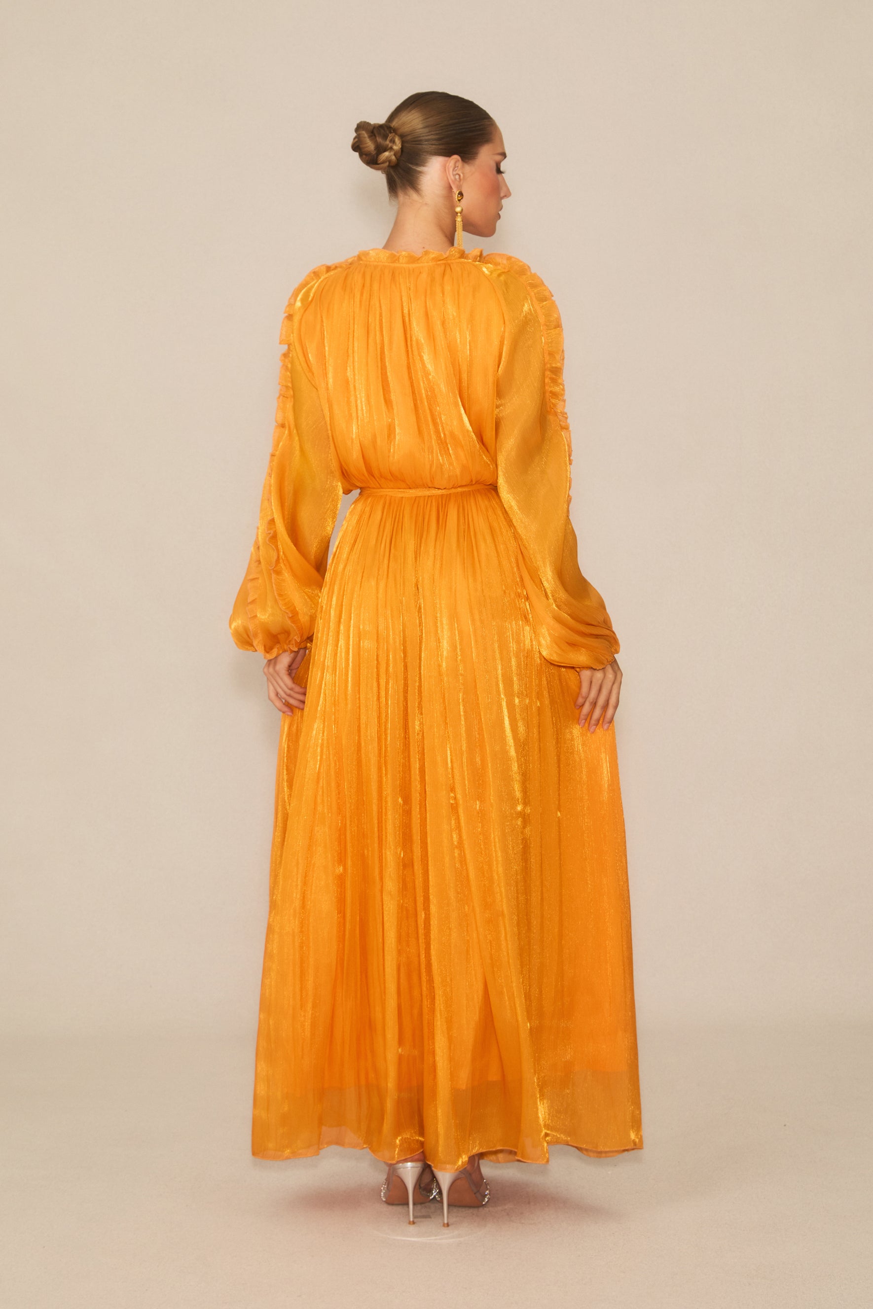Attractive Radiance Orange V-Neck Ruffled Maxi Dress