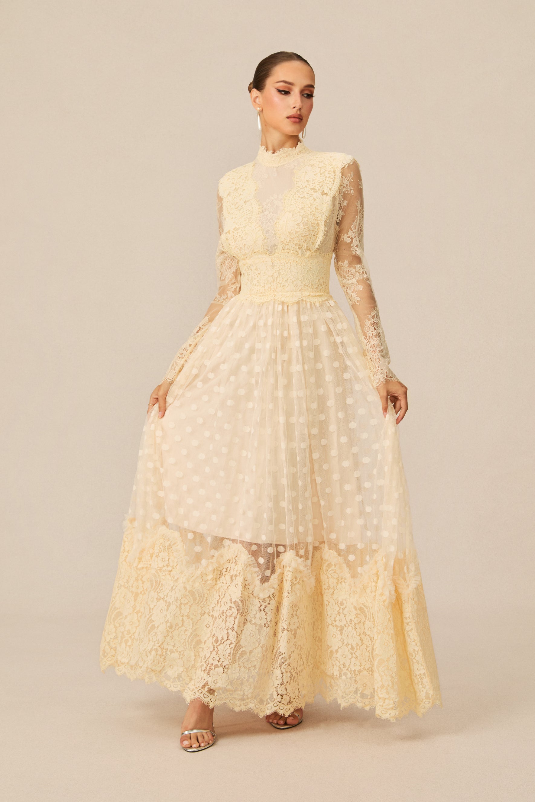 Monica Lace Embroidered Polka Dot Maxi Dress