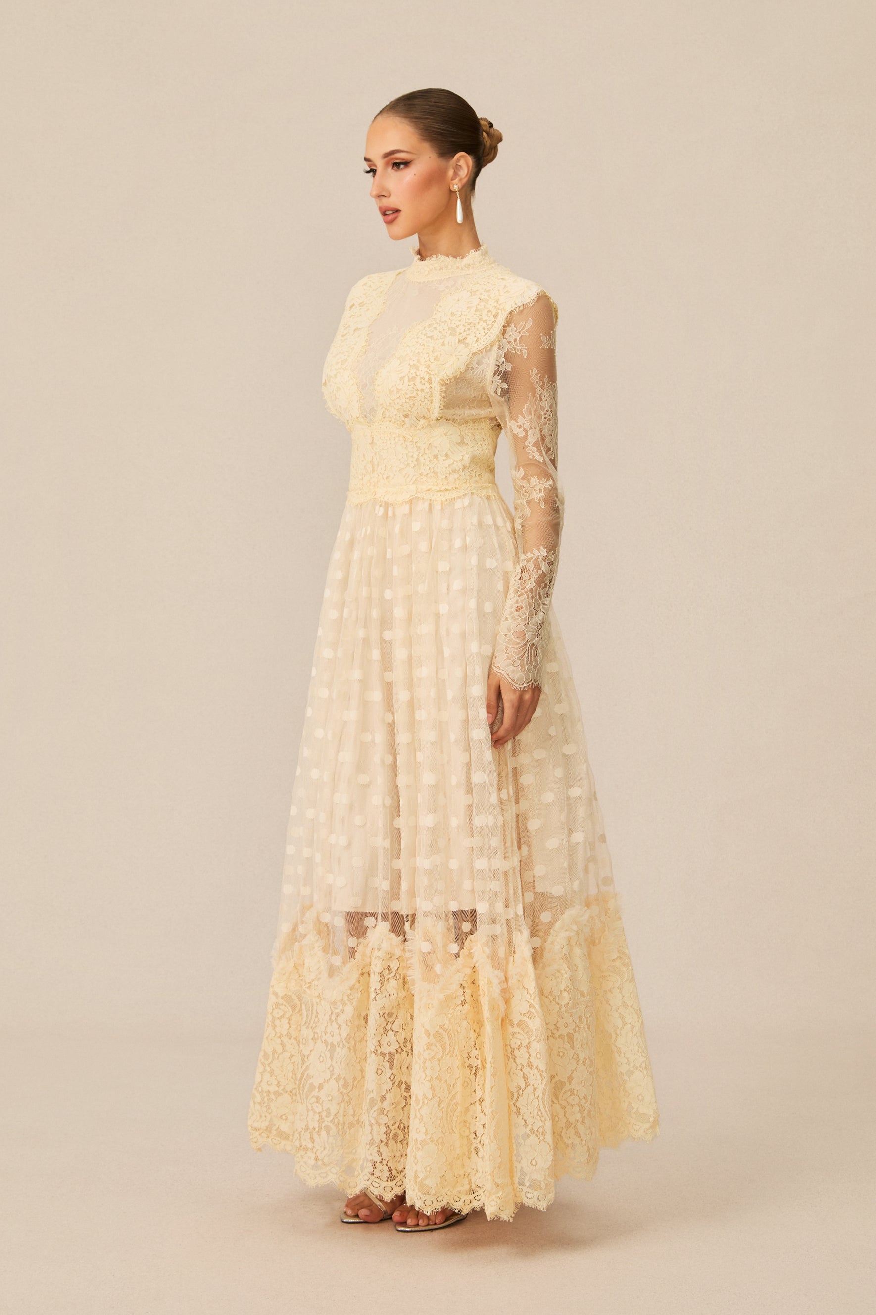 Monica Lace Embroidered Polka Dot Maxi Dress