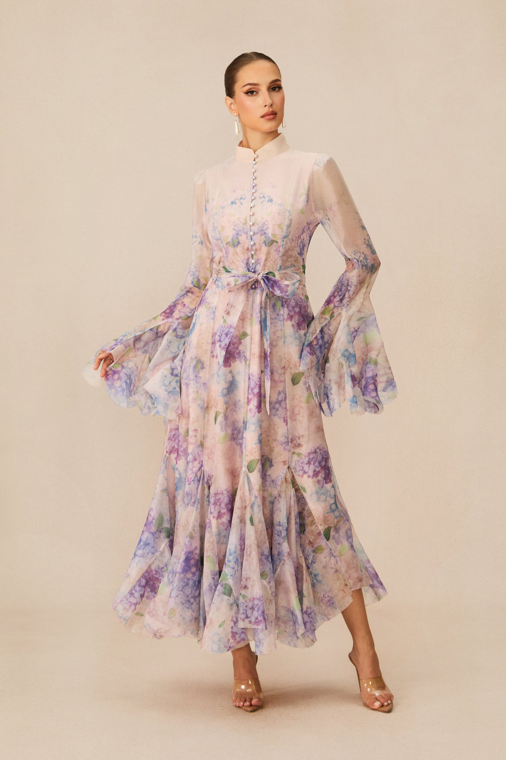 Alessia Floral Print Ruffle Cuff Maxi Dress