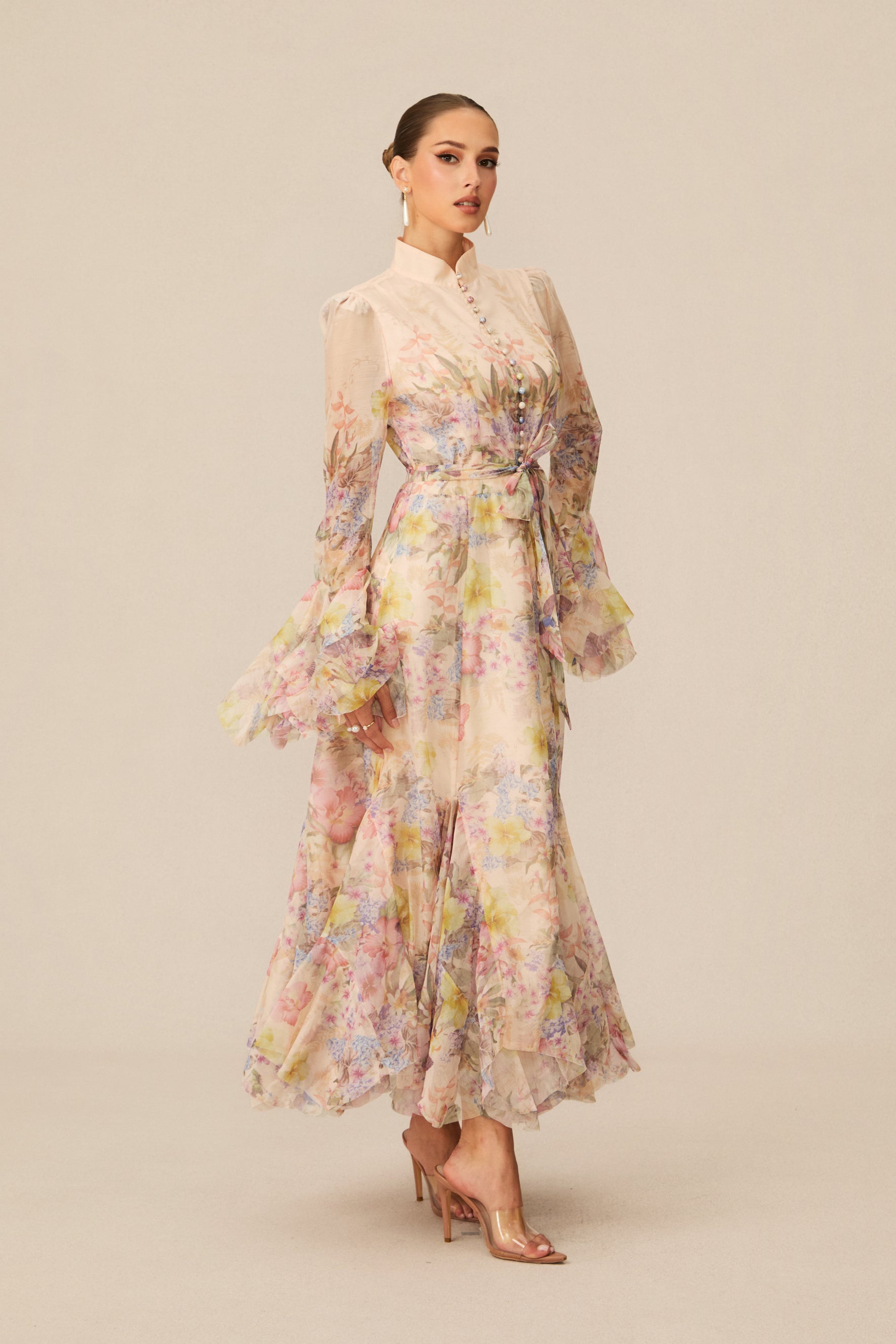 Alessia Floral Print Ruffle Cuff Maxi Dress