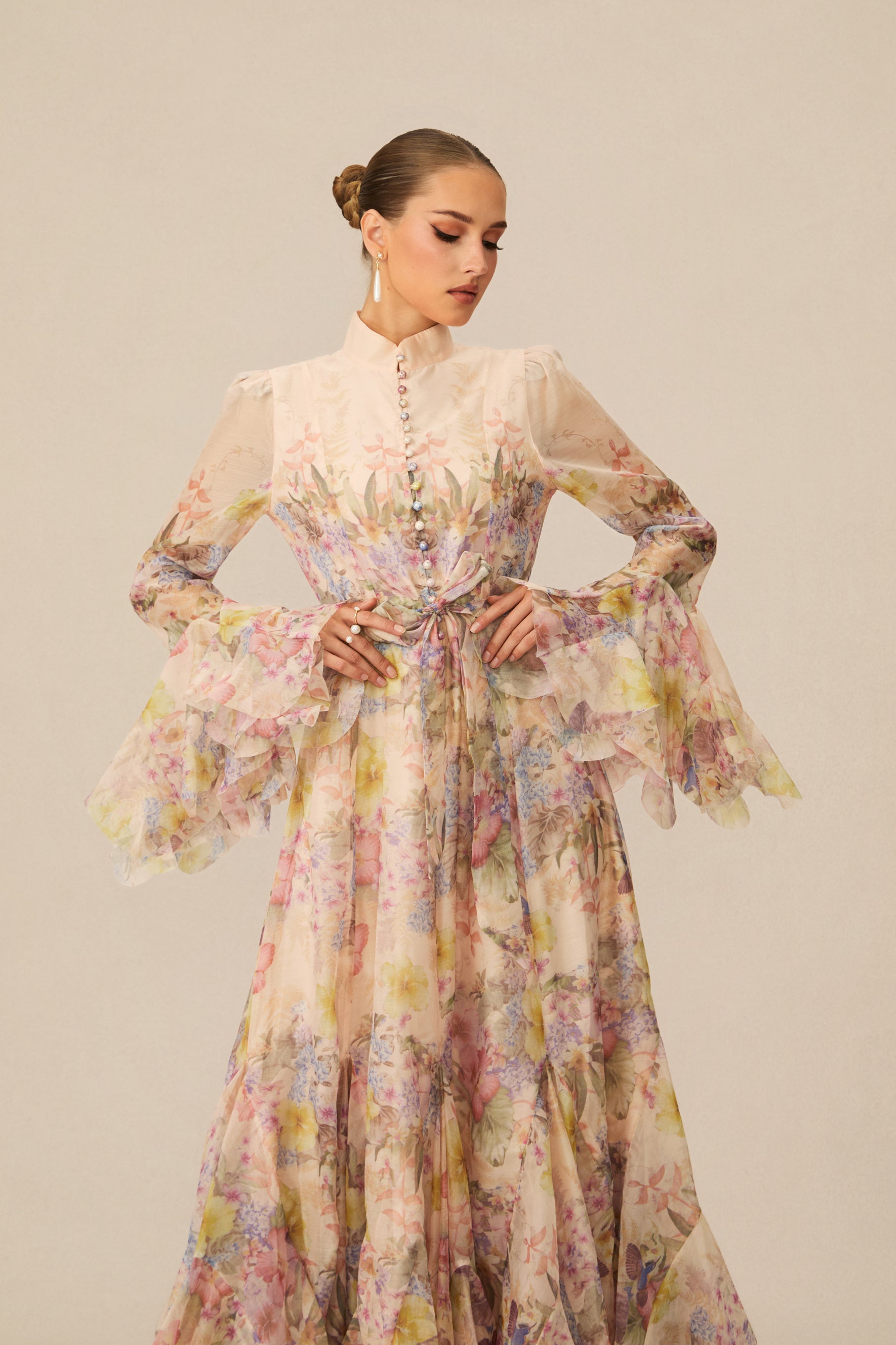 Alessia Floral Print Ruffle Cuff Maxi Dress