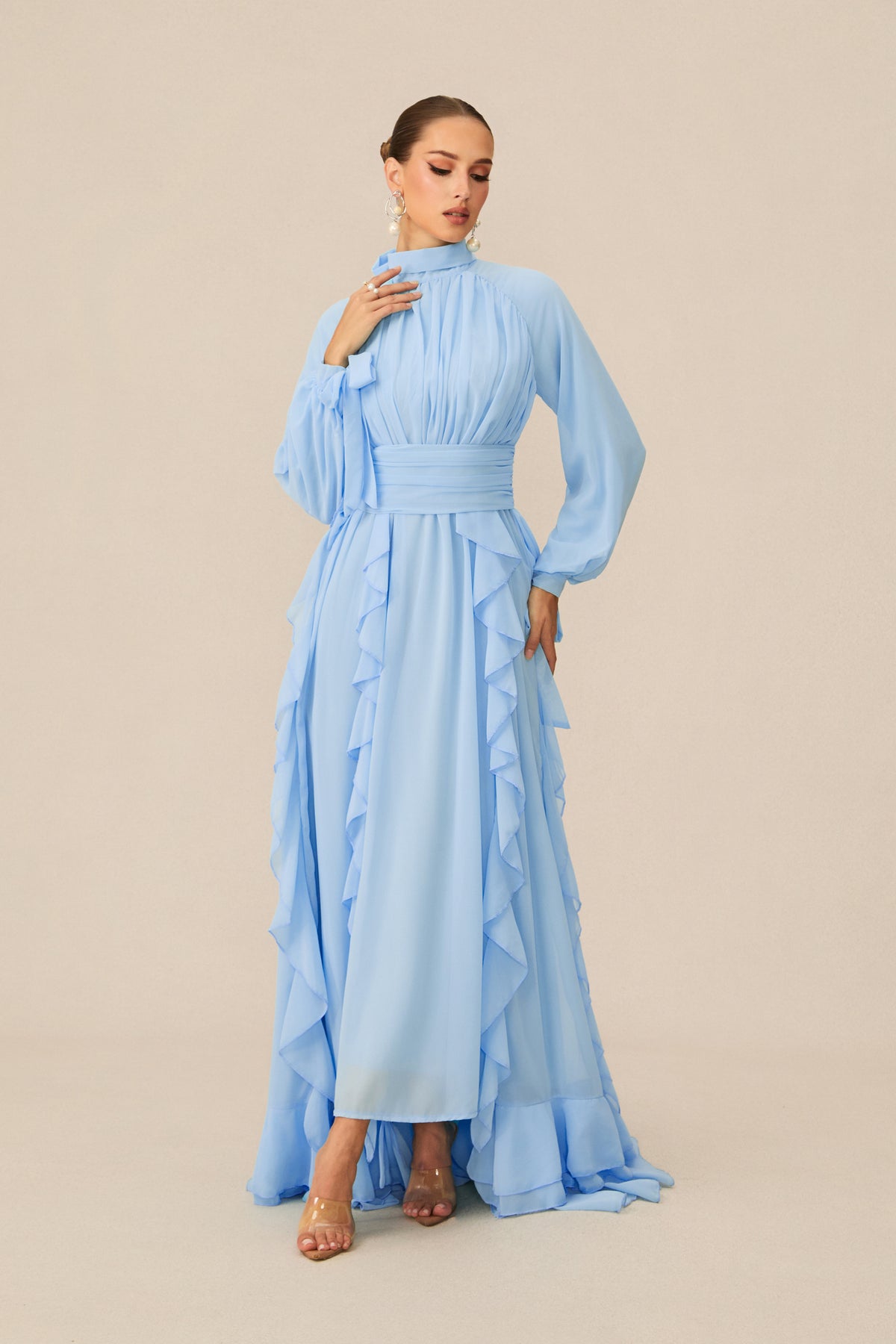Luna Balloon Sleeve Ruffle Detail Chiffon Maxi Dress