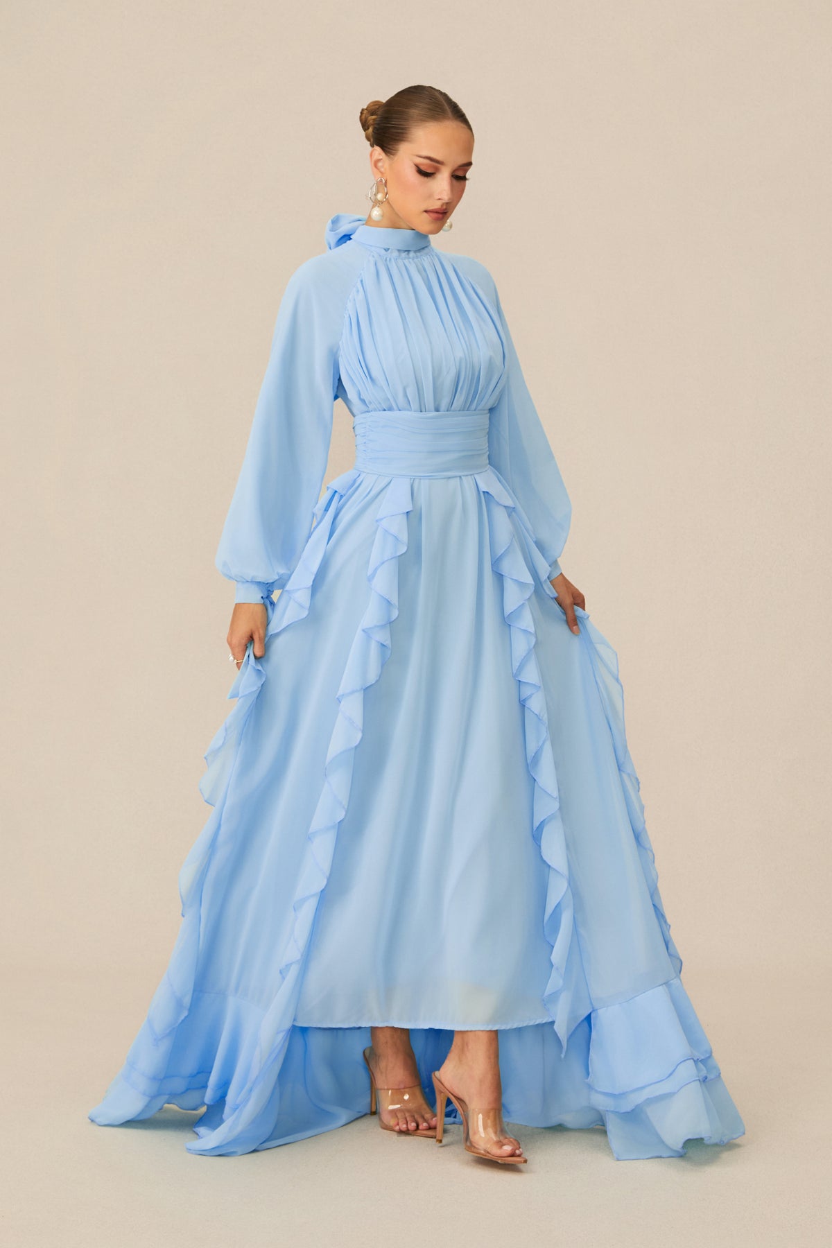 Luna Balloon Sleeve Ruffle Detail Chiffon Maxi Dress