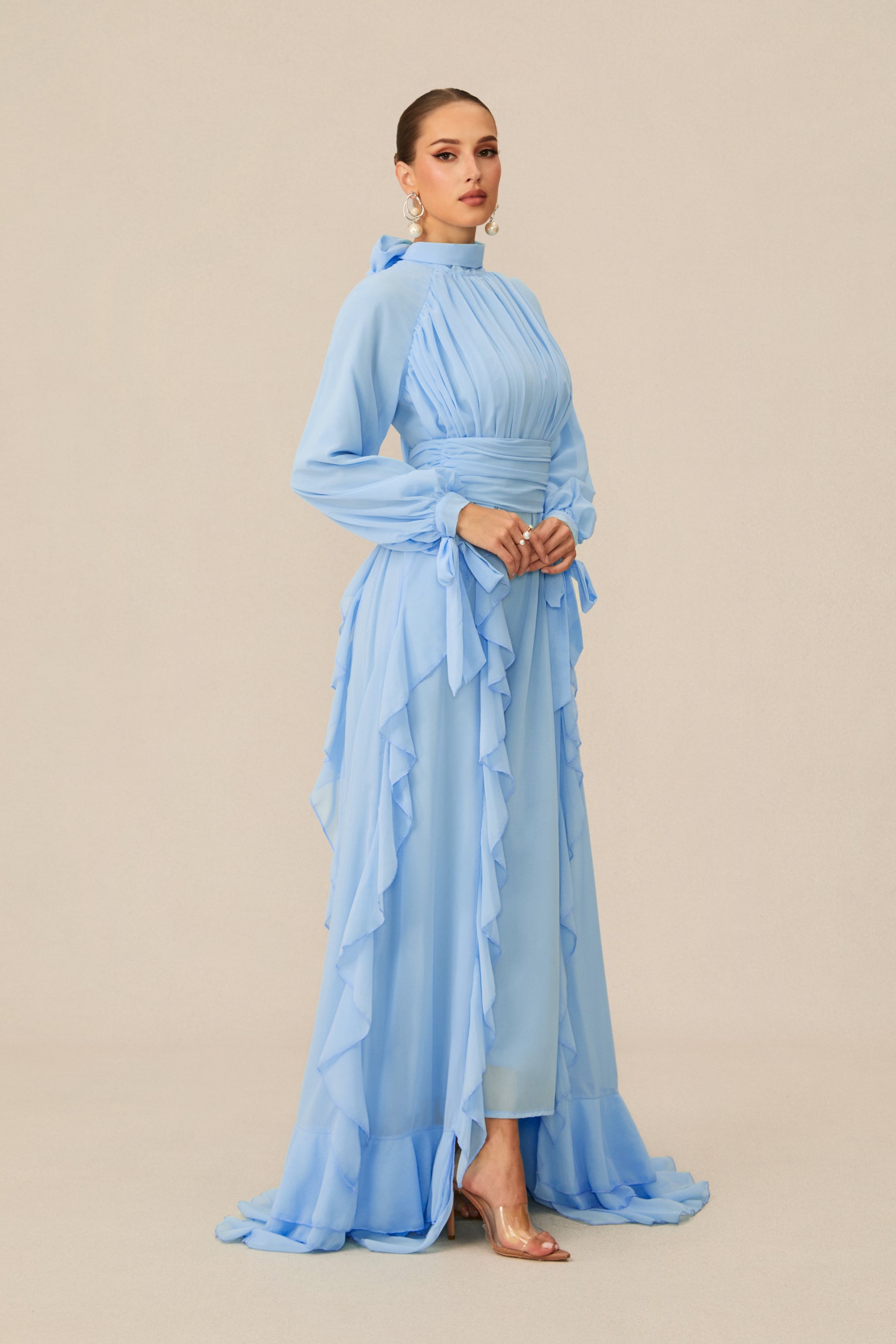 Luna Balloon Sleeve Ruffle Detail Chiffon Maxi Dress