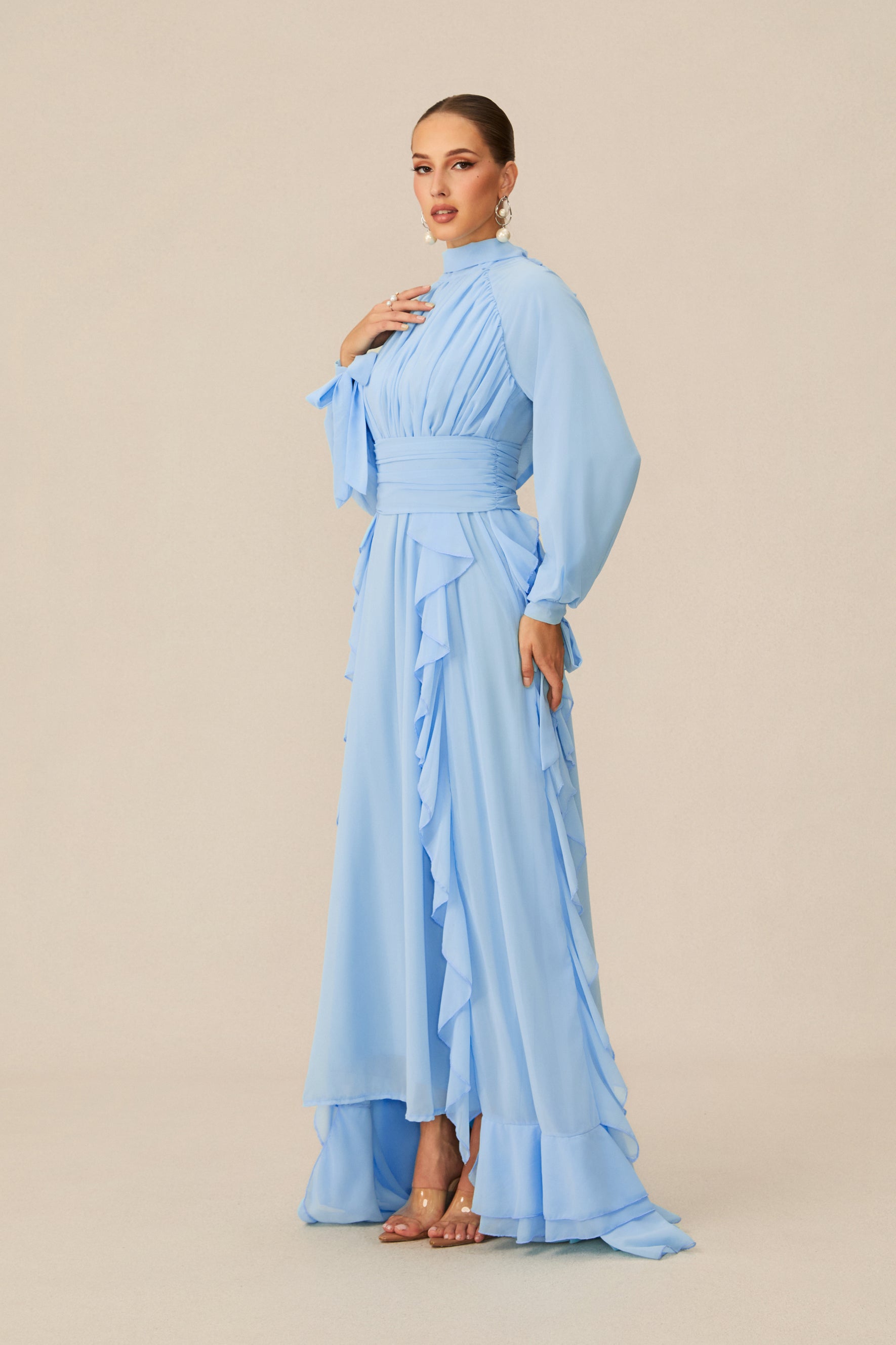 Luna Balloon Sleeve Ruffle Detail Chiffon Maxi Dress