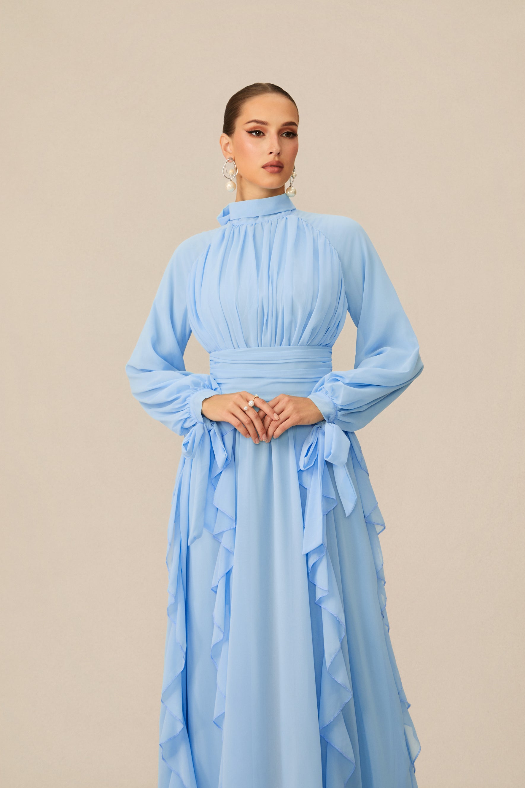 Luna Balloon Sleeve Ruffle Detail Chiffon Maxi Dress