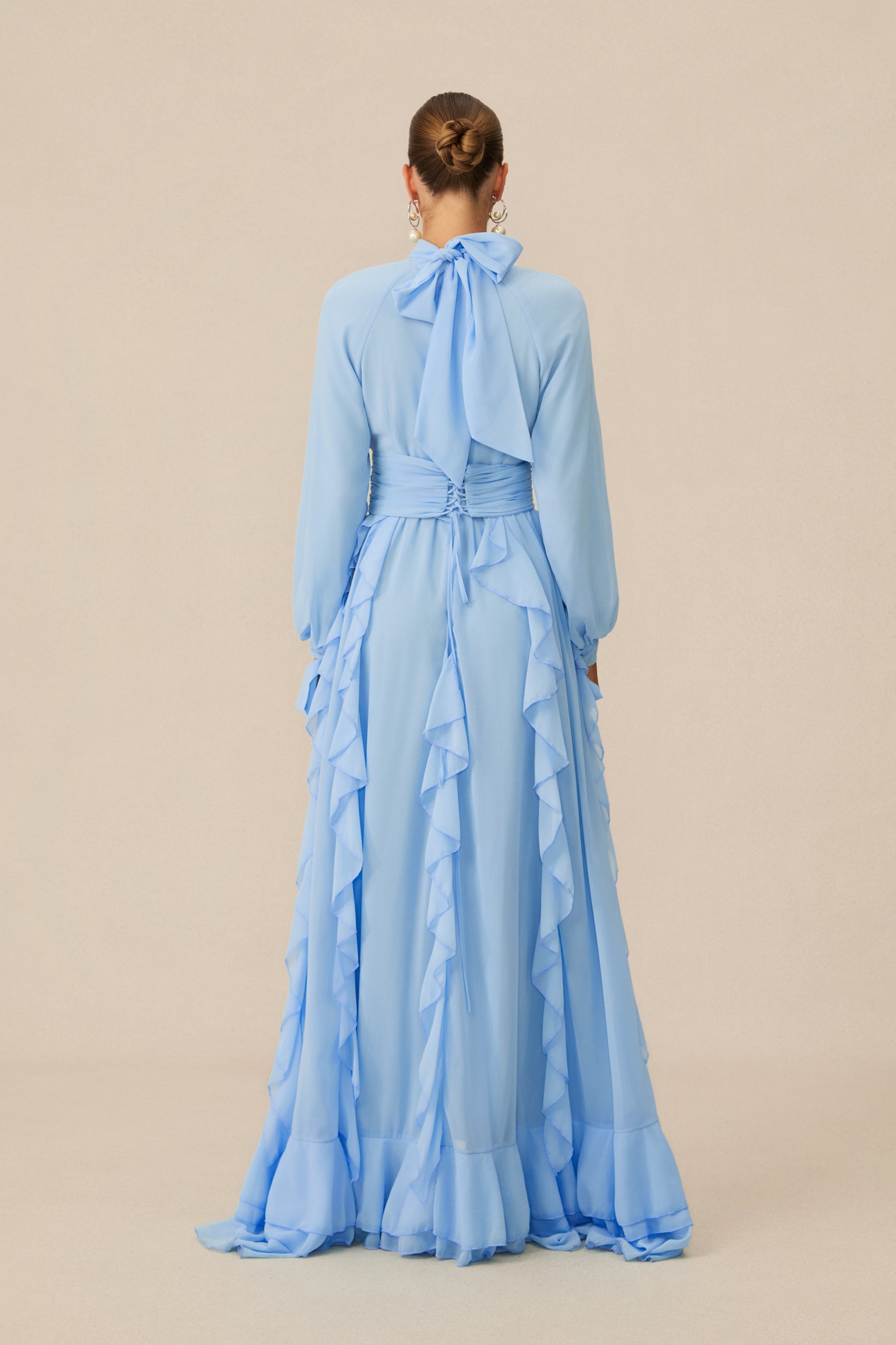 Luna Balloon Sleeve Ruffle Detail Chiffon Maxi Dress