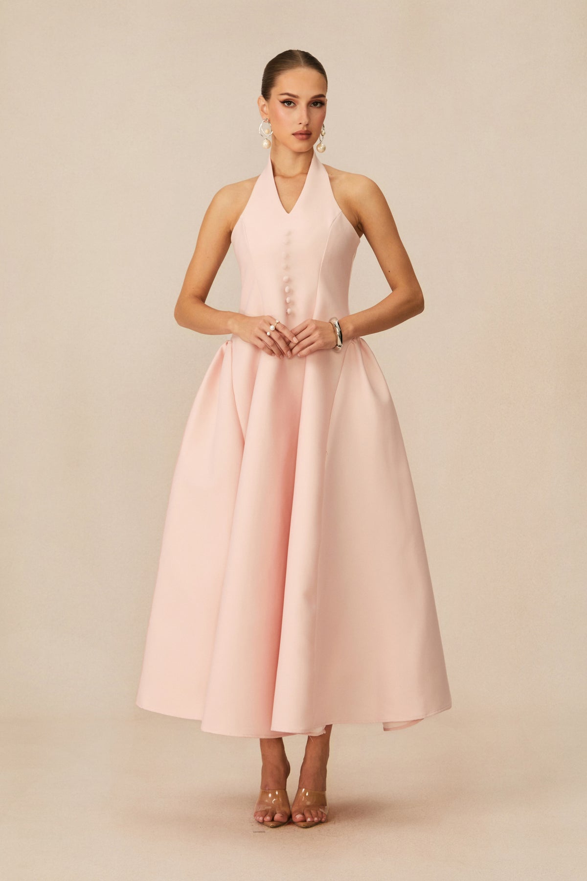 Prominent Charm Pink Halter A-Line Midi Dress