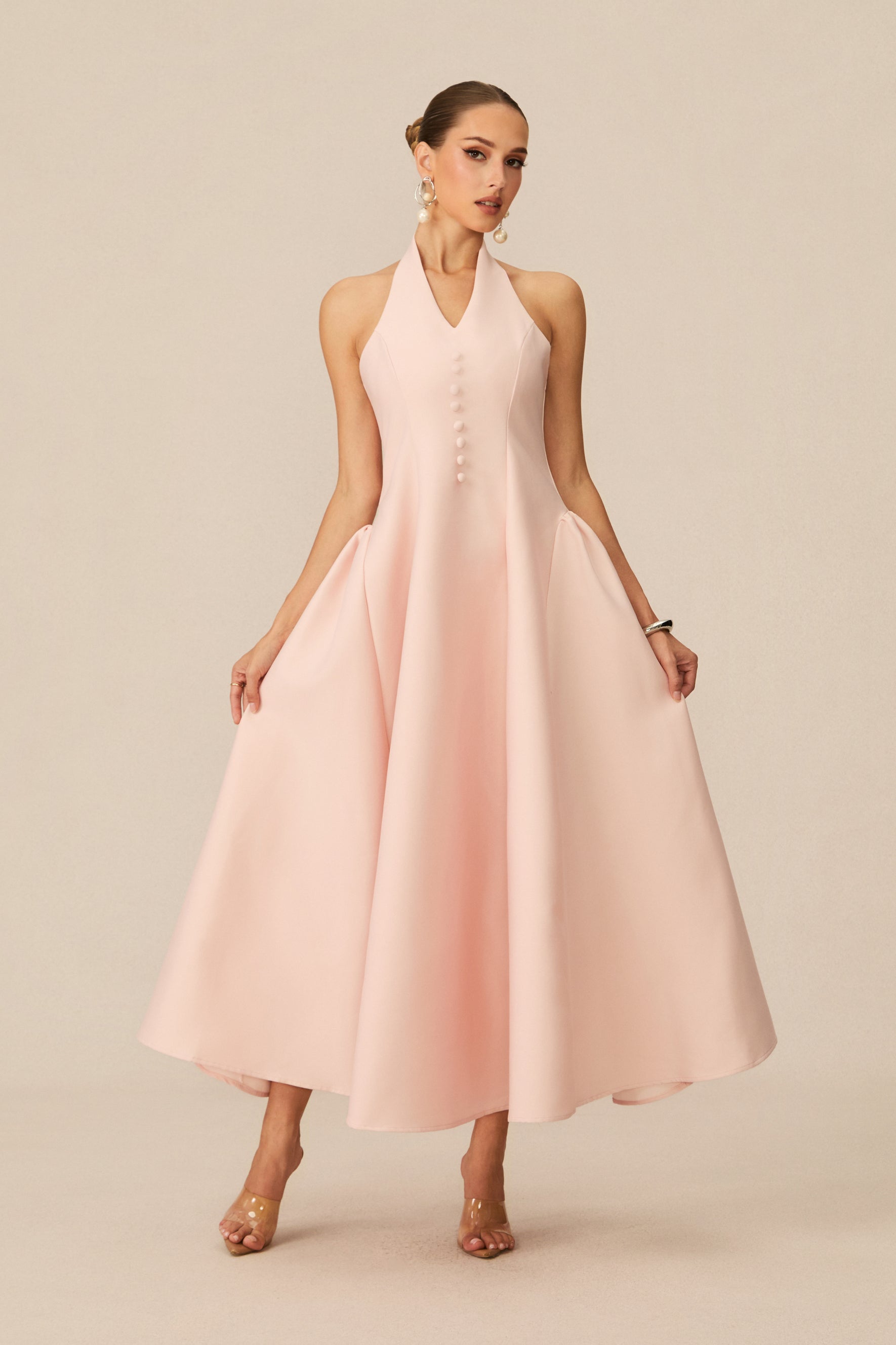 Prominent Charm Pink Halter A-Line Midi Dress