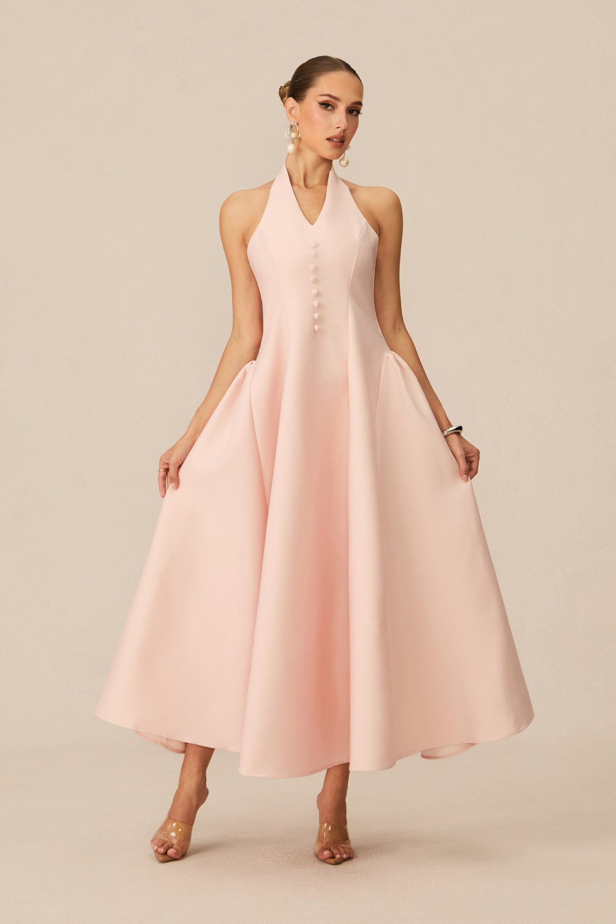 Prominent Charm Pink Halter A-Line Midi Dress
