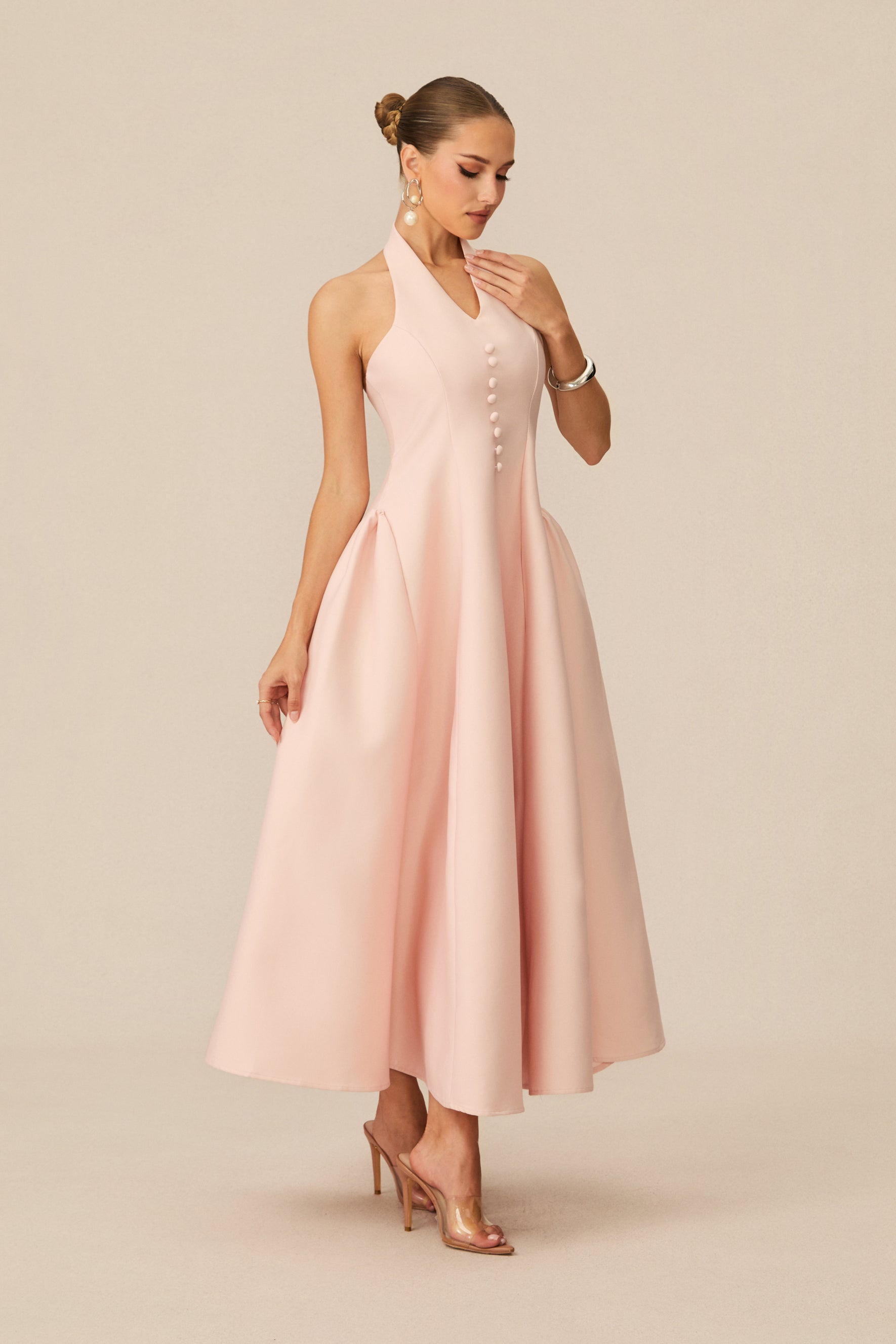 Prominent Charm Pink Halter A-Line Midi Dress