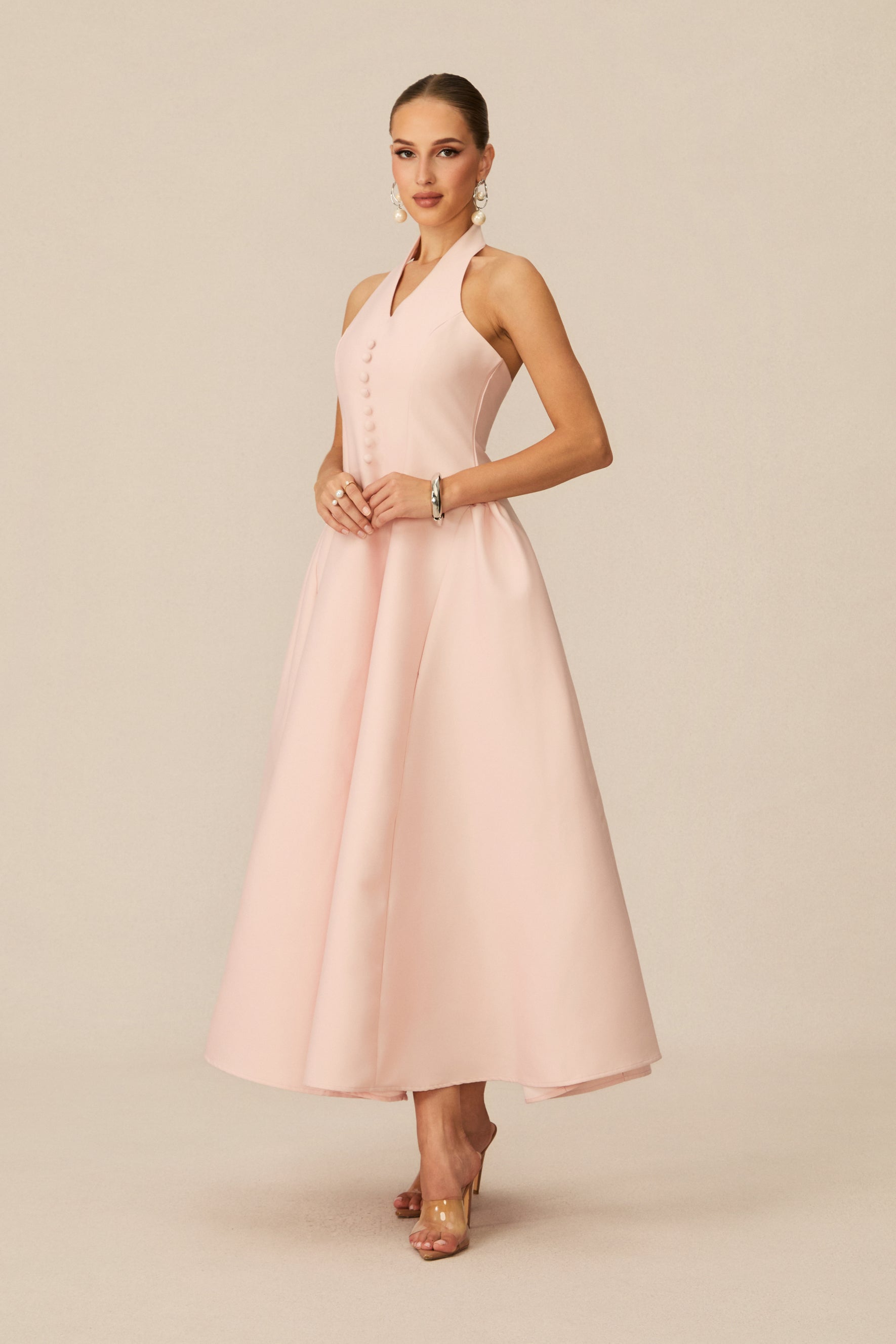 Prominent Charm Pink Halter A-Line Midi Dress