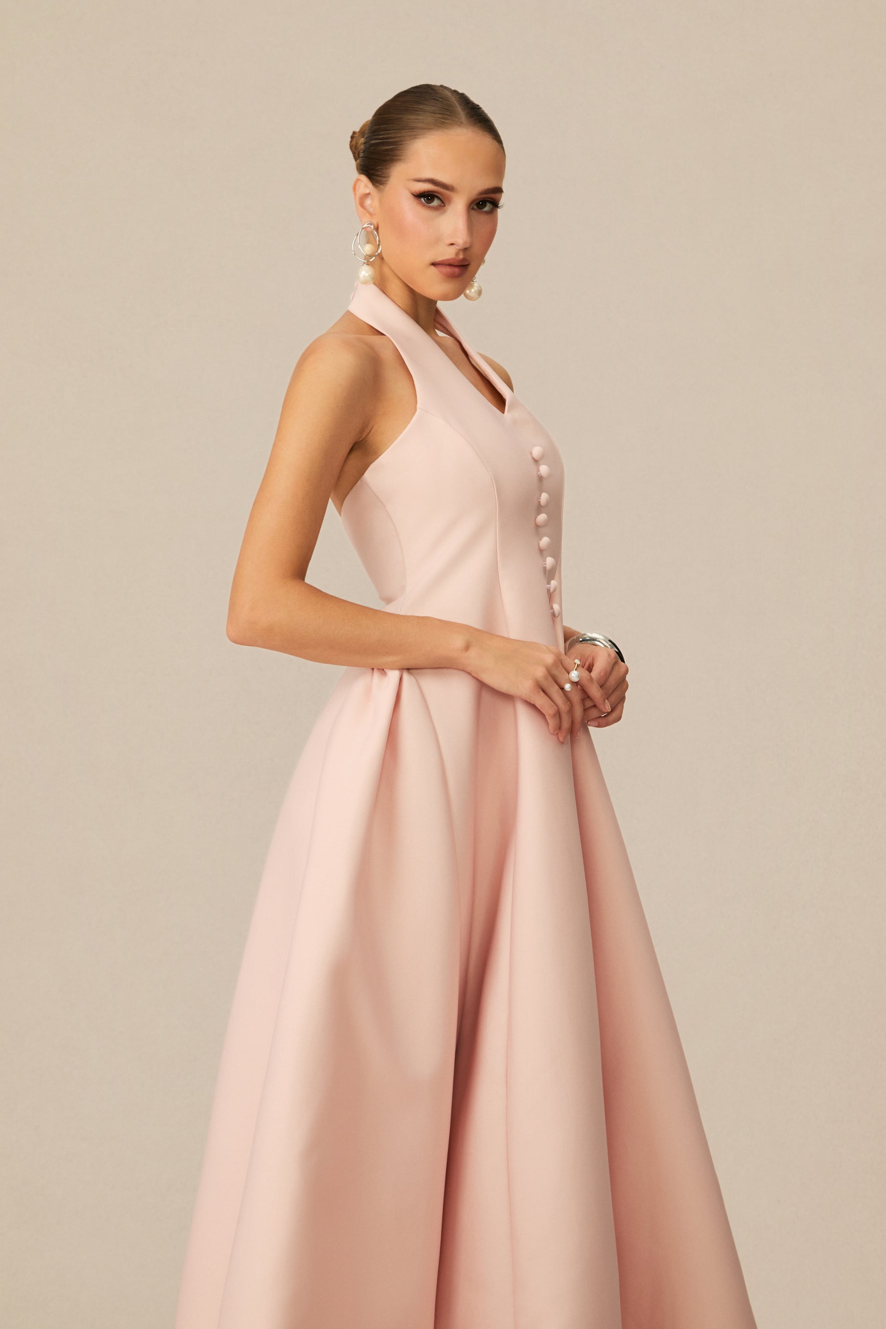 Prominent Charm Pink Halter A-Line Midi Dress