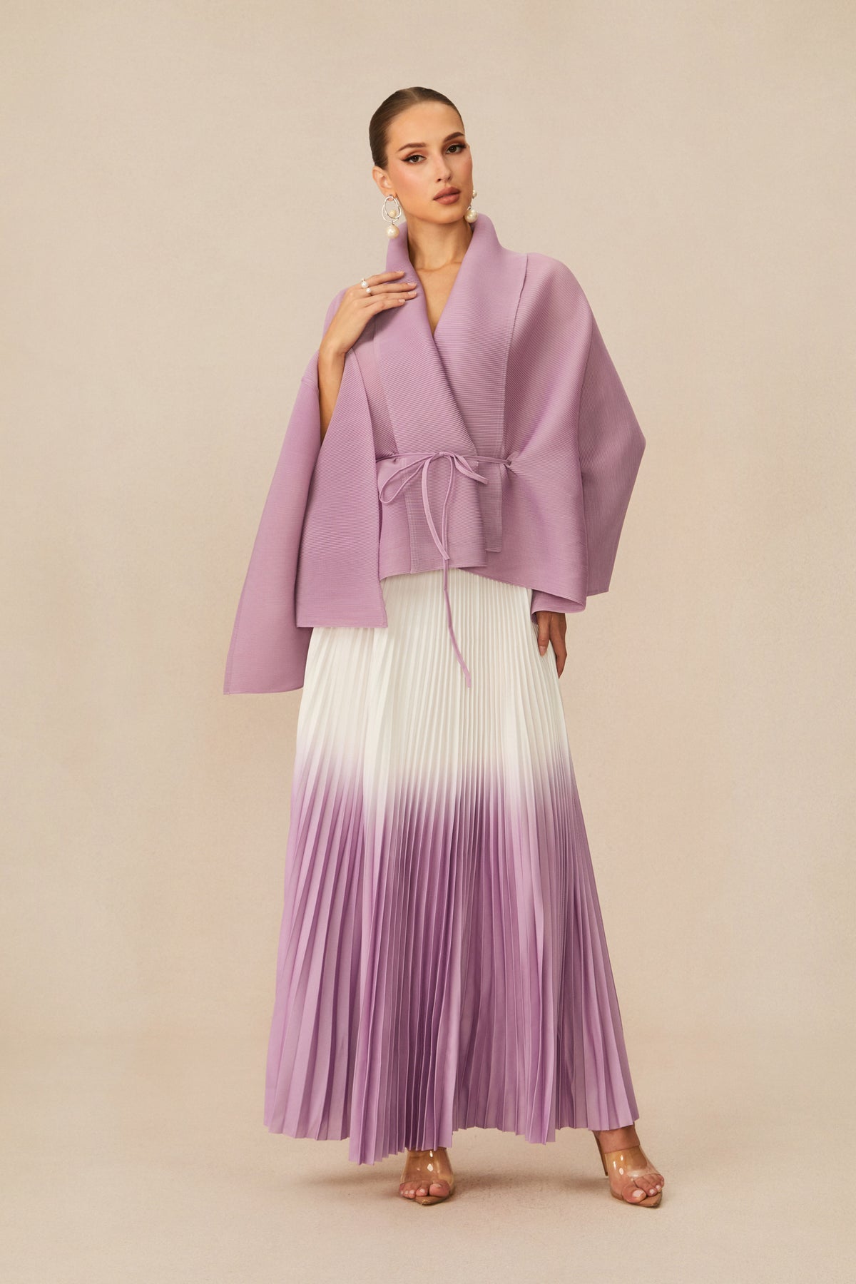 Pleasing Chicness Purple Wrap Top & Gradient Pleated Skirt Set