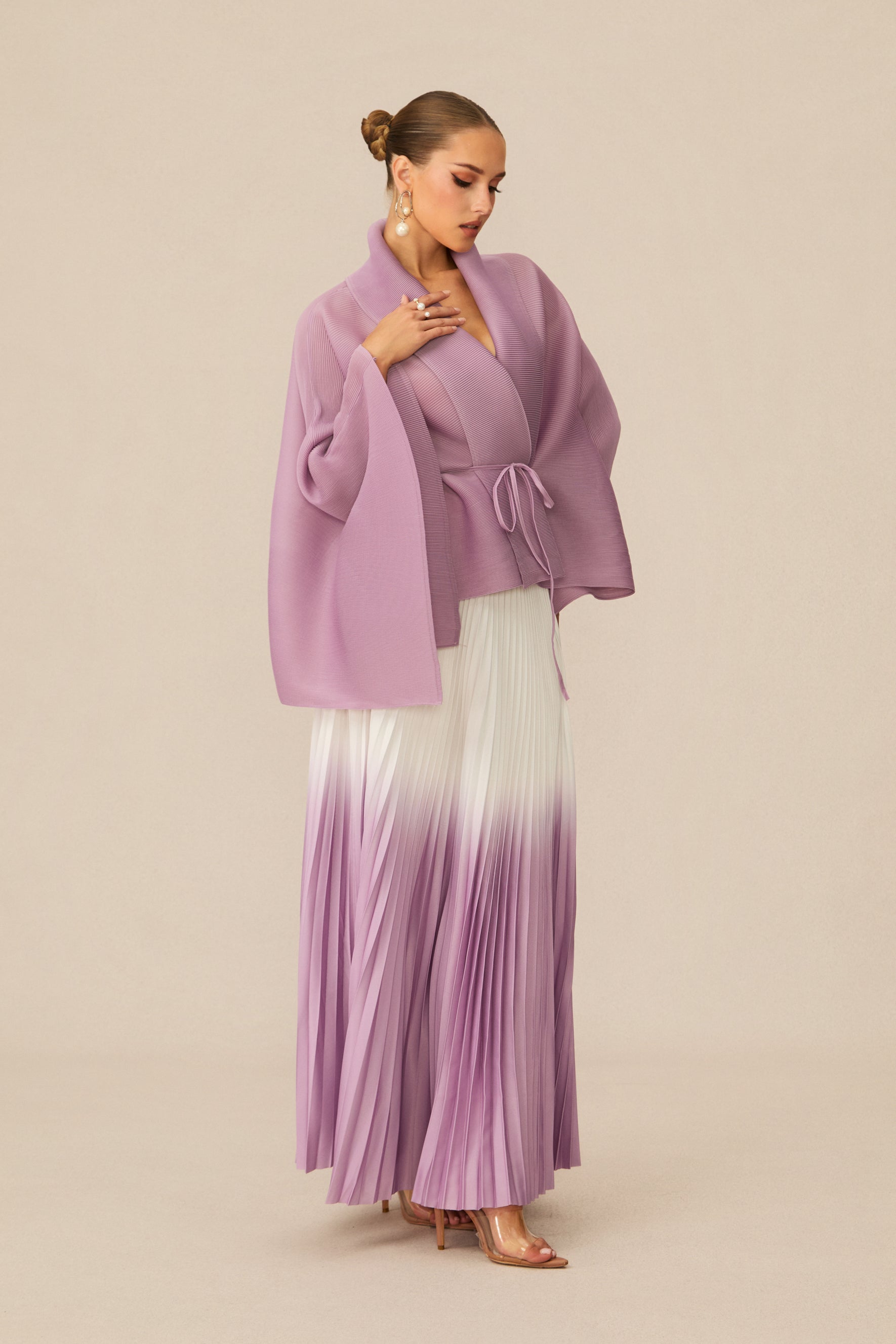 Pleasing Chicness Purple Wrap Top & Gradient Pleated Skirt Set