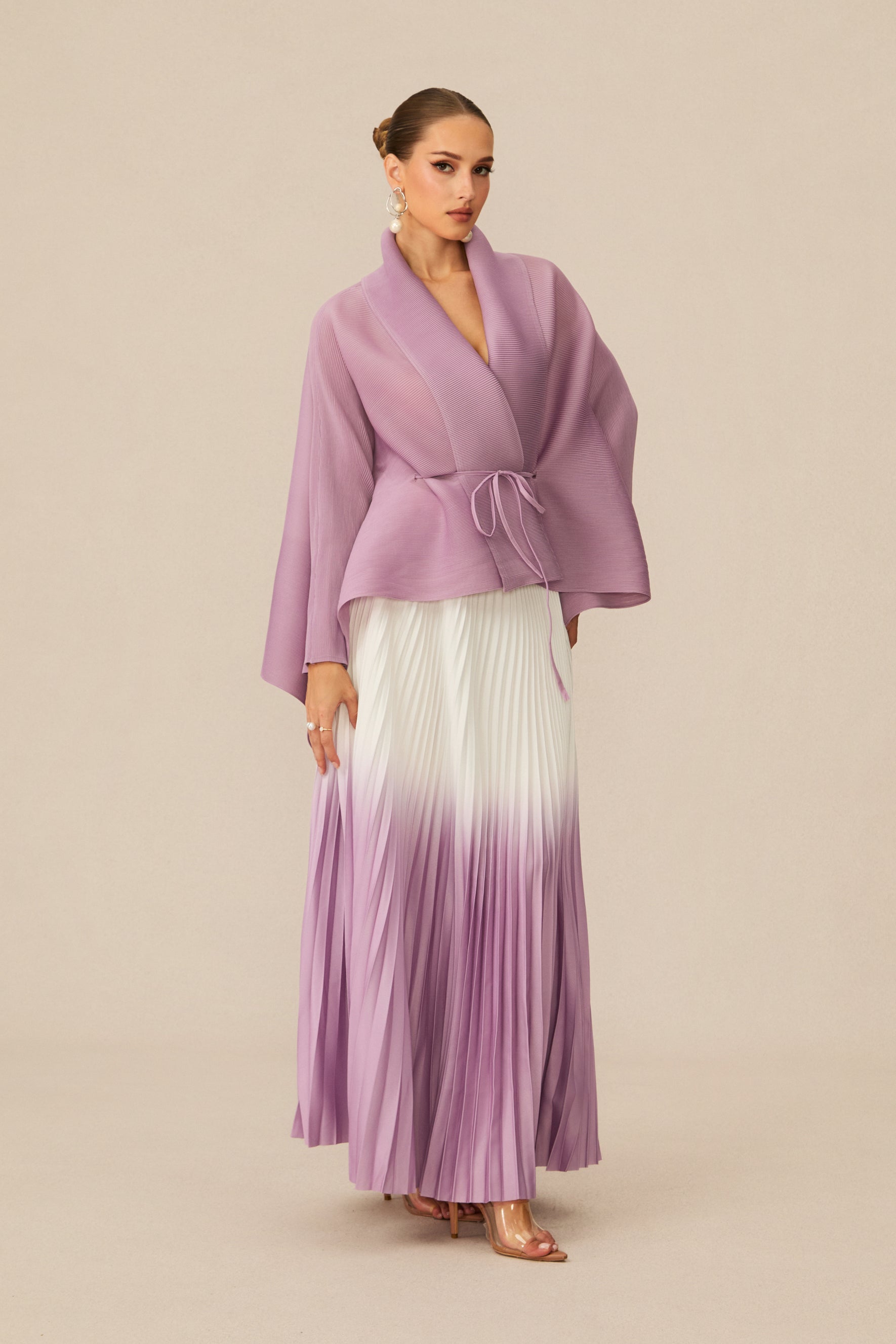Pleasing Chicness Purple Wrap Top & Gradient Pleated Skirt Set