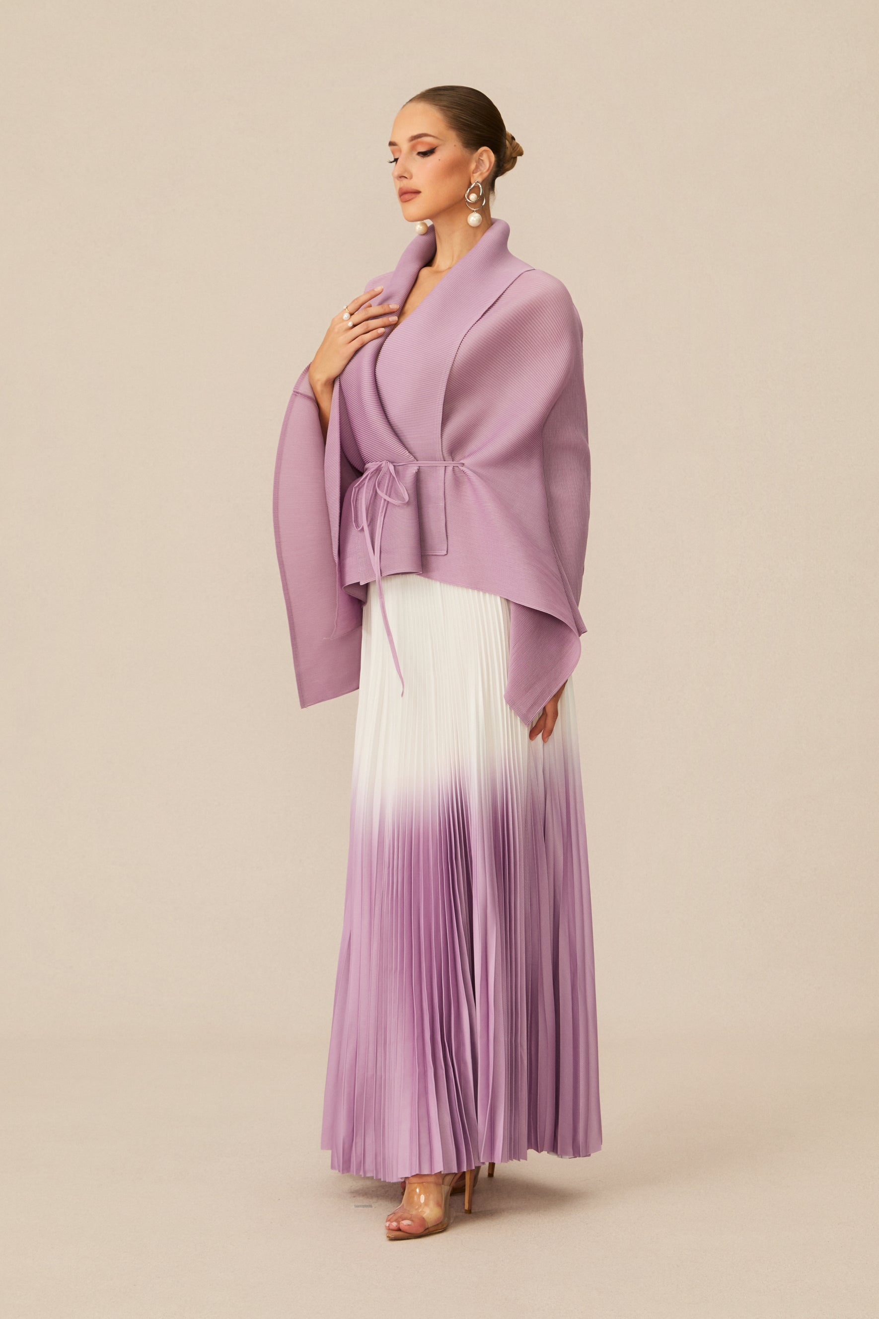 Pleasing Chicness Purple Wrap Top & Gradient Pleated Skirt Set