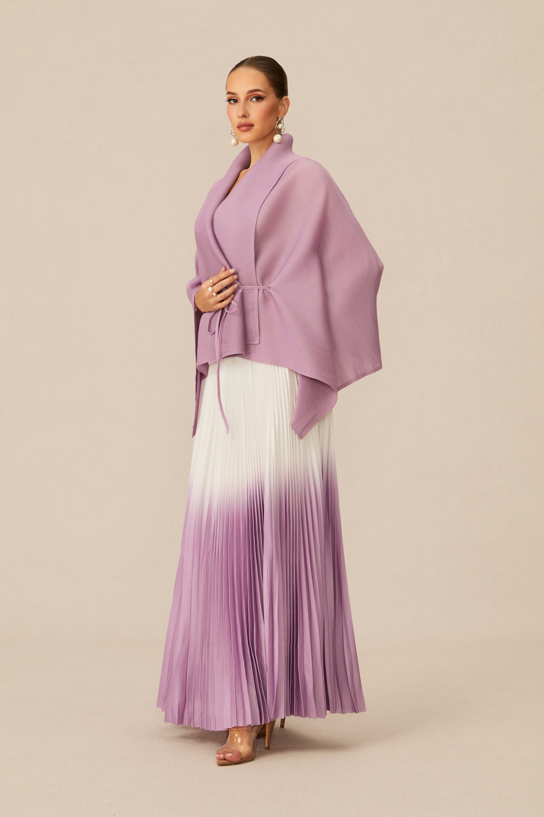 Pleasing Chicness Purple Wrap Top & Gradient Pleated Skirt Set