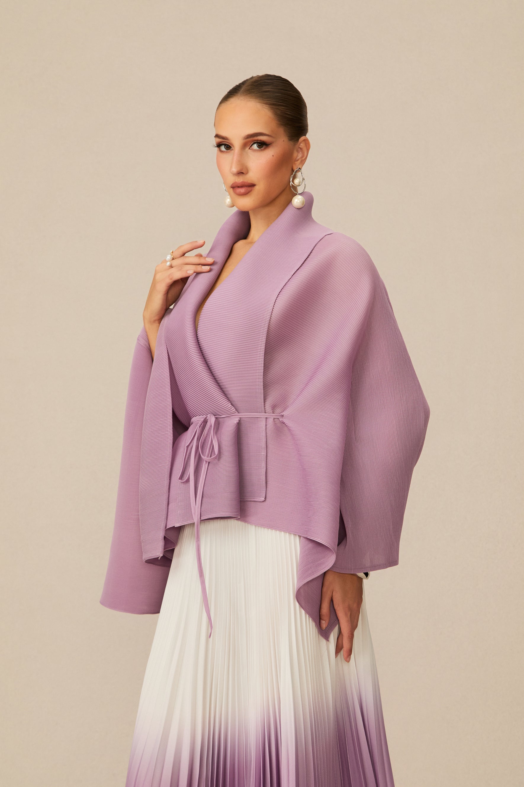 Pleasing Chicness Purple Wrap Top & Gradient Pleated Skirt Set
