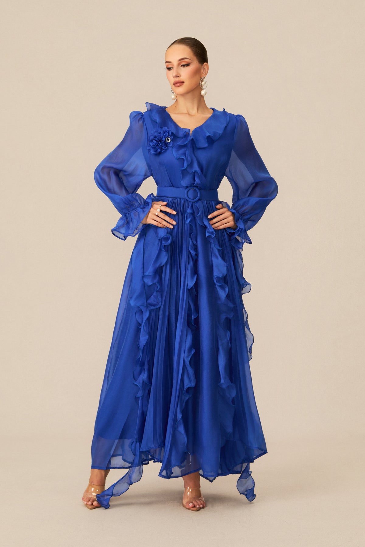 Dreamy Cobalt Blue Ruffle Trim Maxi Dress