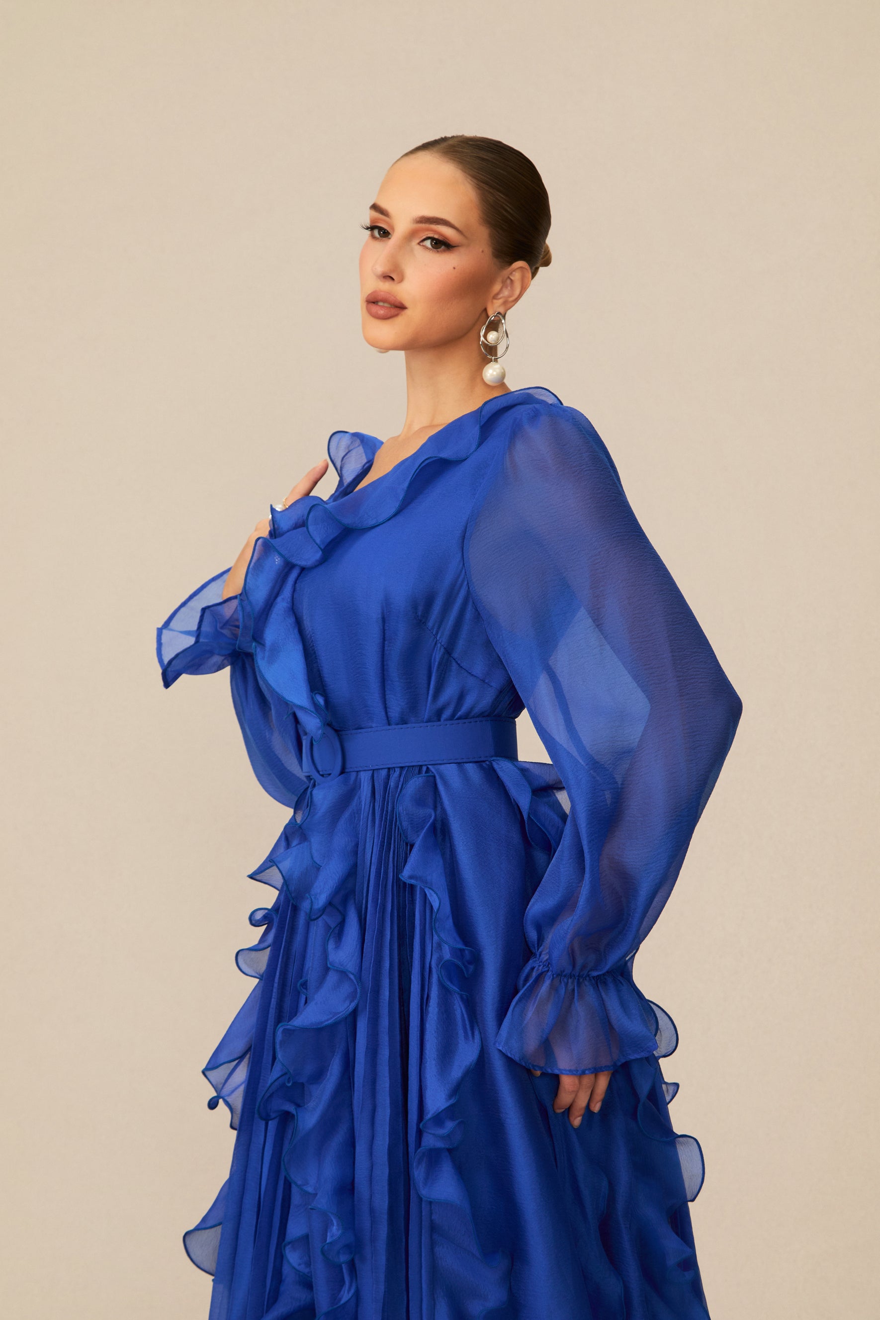 Dreamy Cobalt Blue Ruffle Trim Maxi Dress