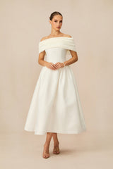 Vivian Off Shoulder Flare Satin Midi Dress