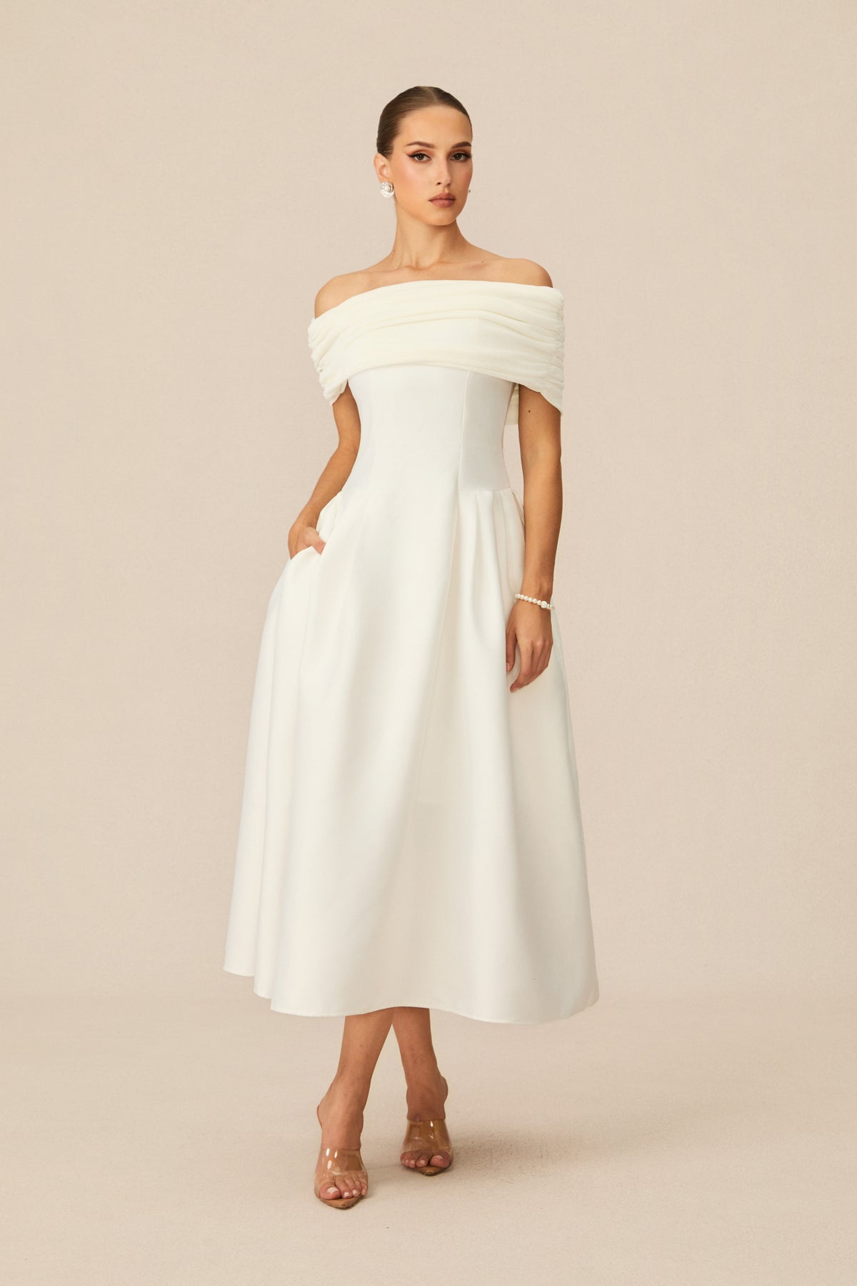 Vivian Off Shoulder Flare Satin Midi Dress
