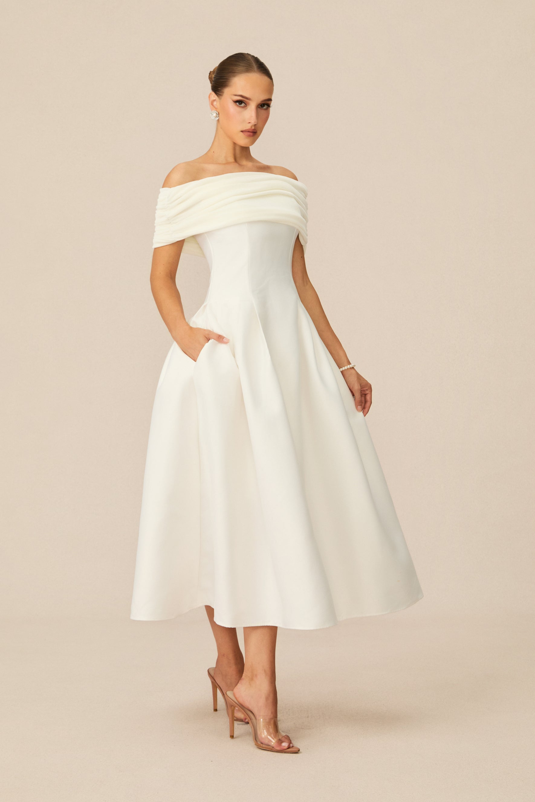 Vivian Off Shoulder Flare Satin Midi Dress