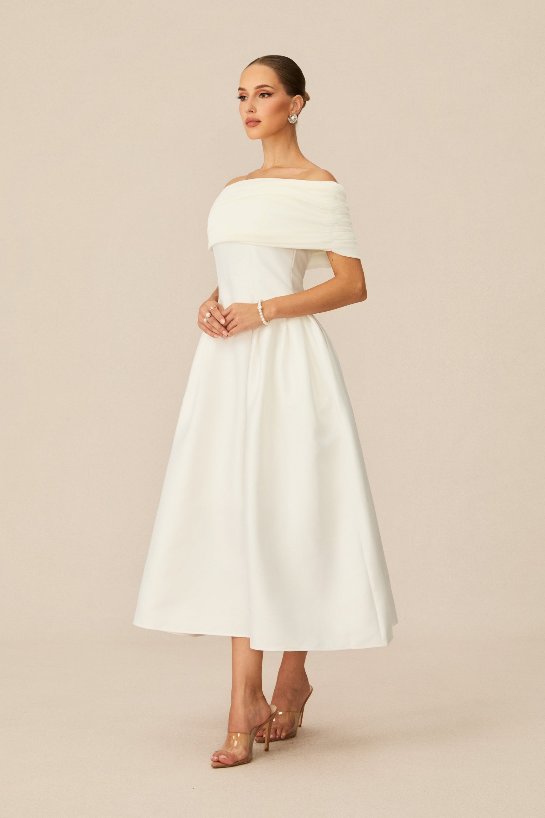 Vivian Off Shoulder Flare Satin Midi Dress