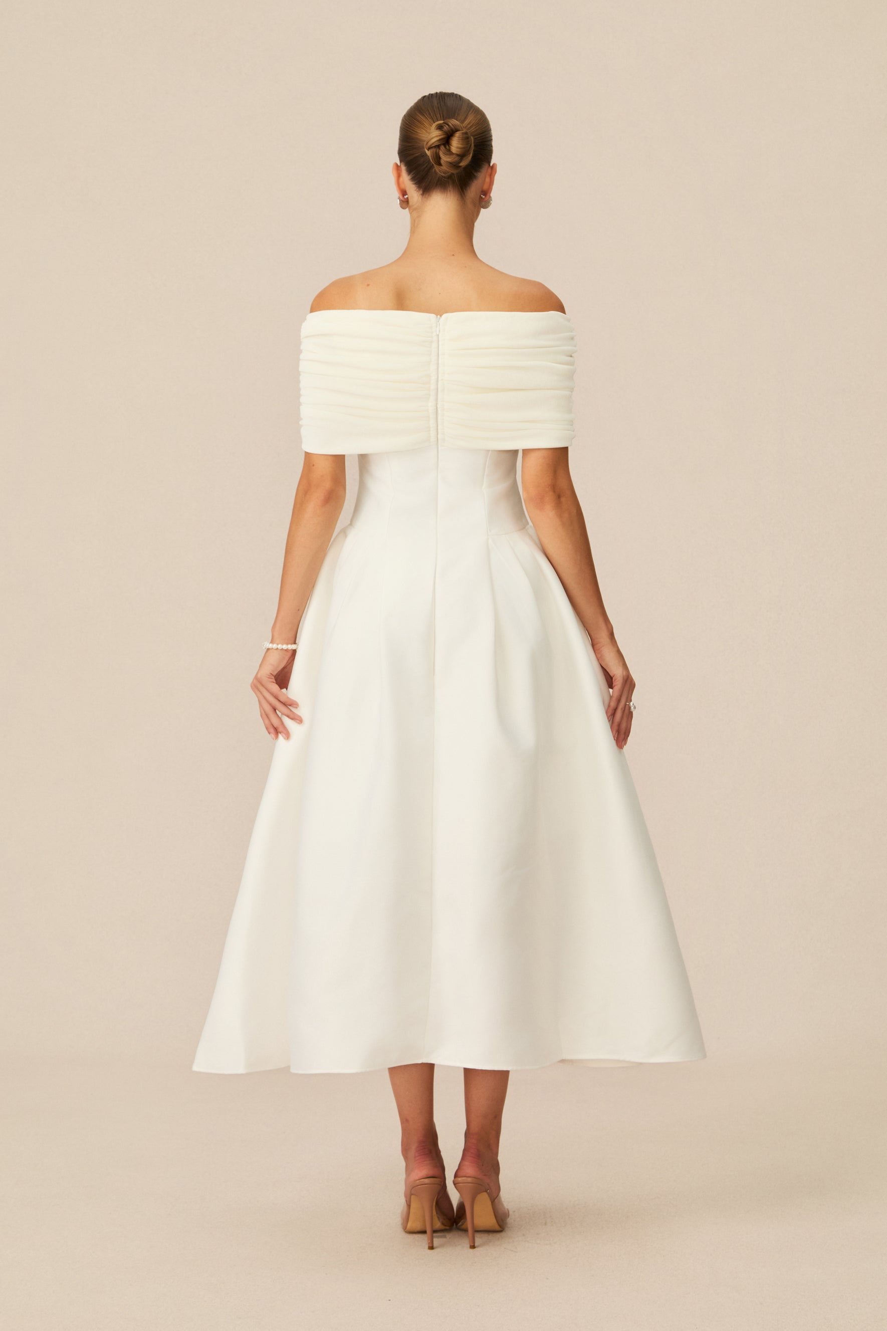 Vivian Off Shoulder Flare Satin Midi Dress