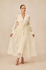 Madeline V-Neck Lace Embroidered Midi Dress