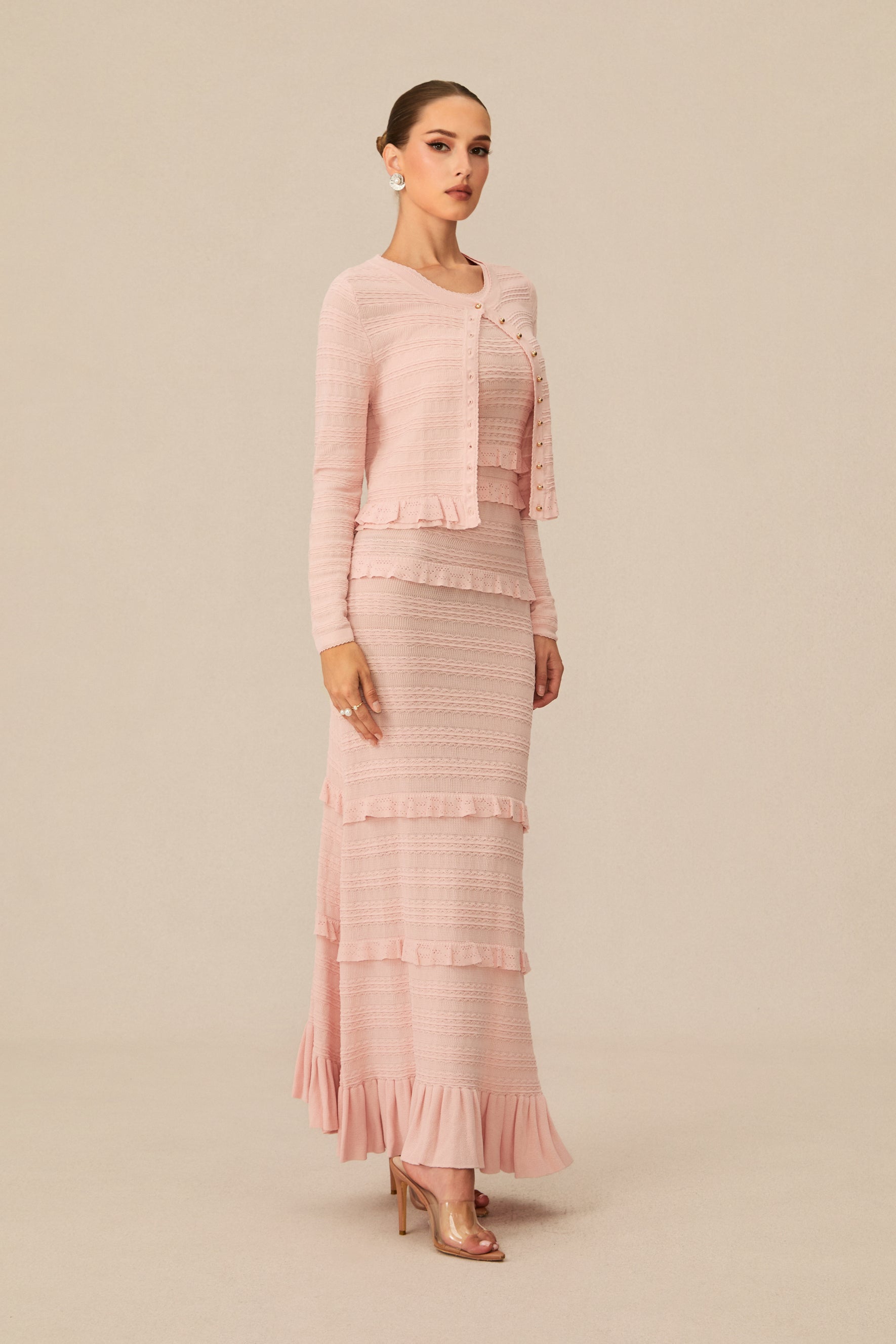 Cute Simplicity Pink Textured Knit Maxi Dress & Cardigan Set