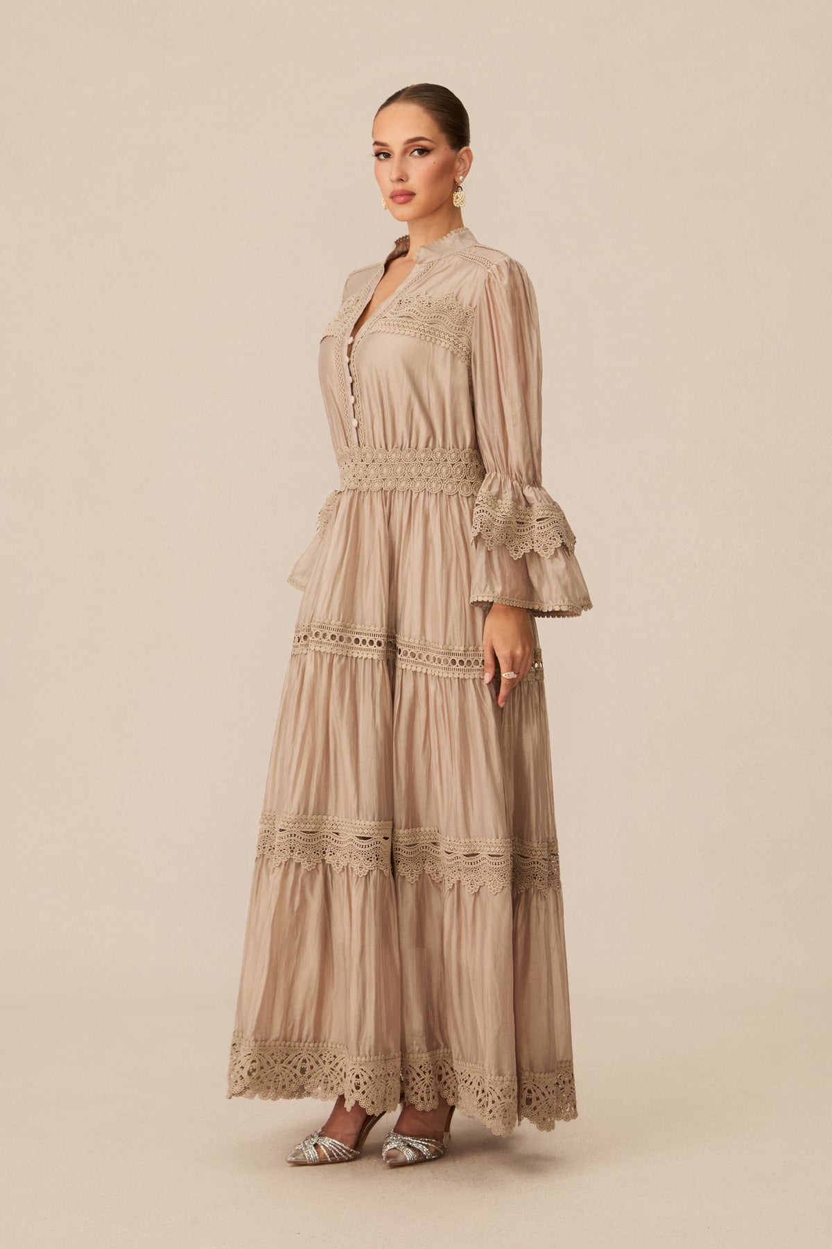 Marina Flared Cuff Lace Embroidered Maxi Dress