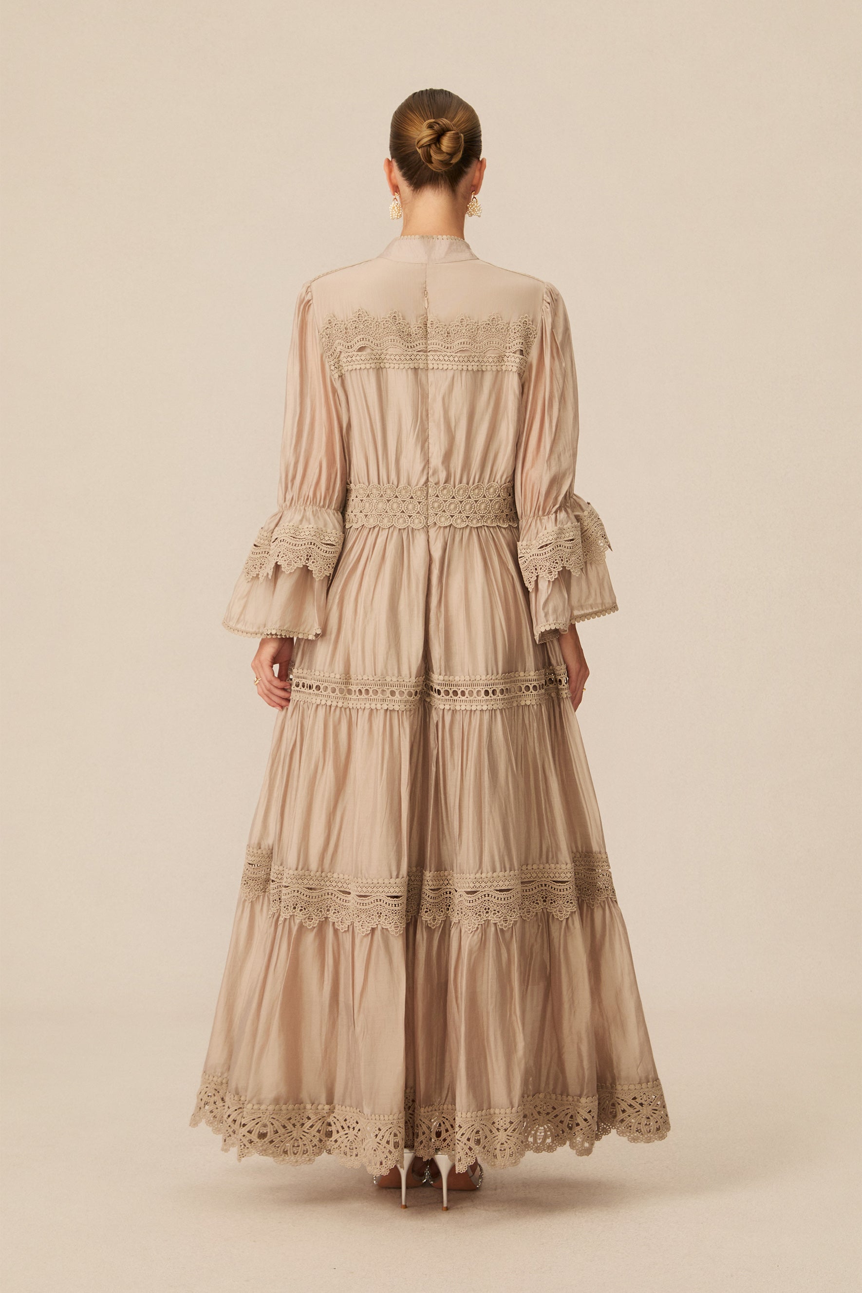 Marina Flared Cuff Lace Embroidered Maxi Dress