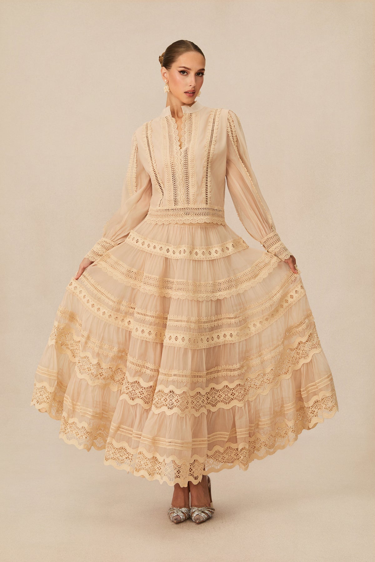 Bohemian Grace Beige Lace Embroidered Top & Skirt Set