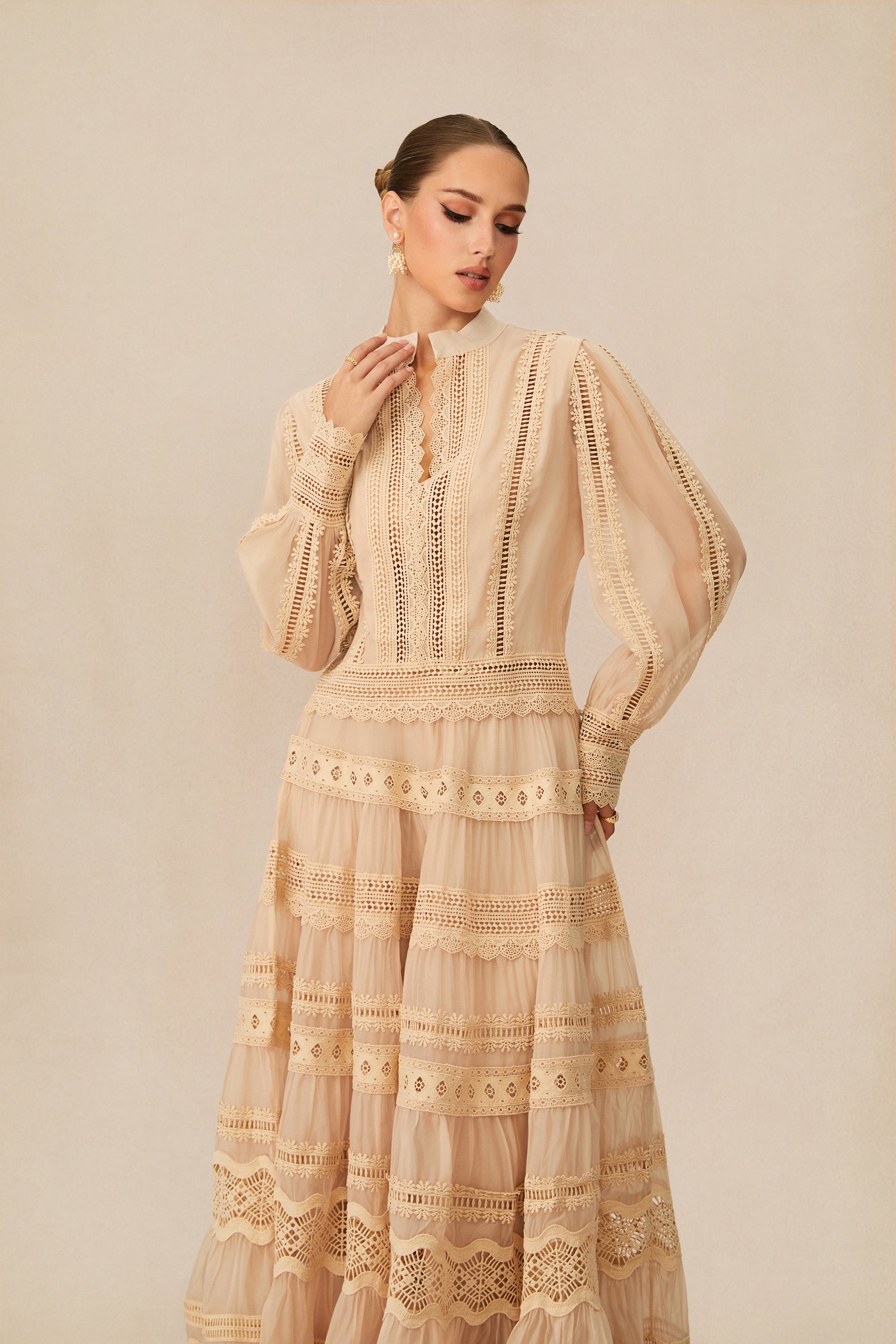 Bohemian Grace Beige Lace Embroidered Top & Skirt Set