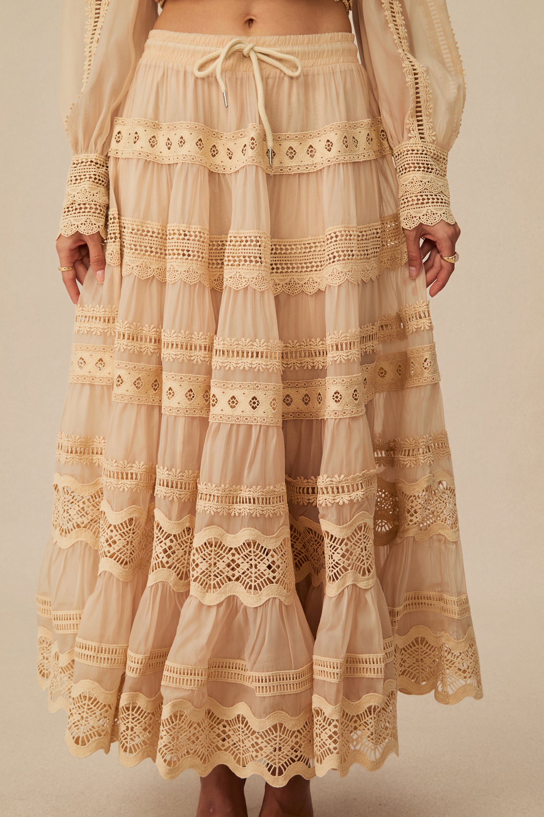 Bohemian Grace Beige Lace Embroidered Top & Skirt Set