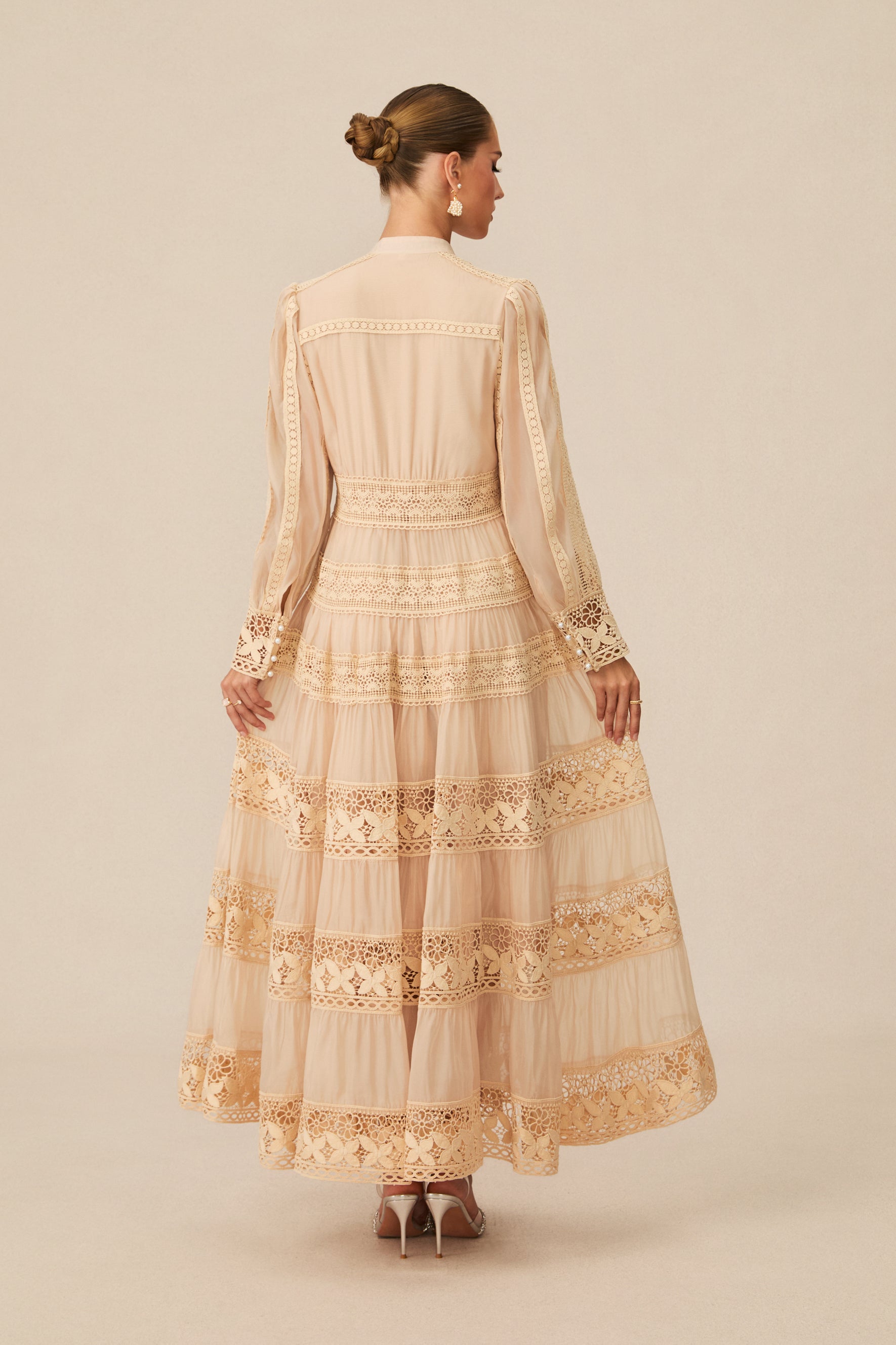 Romantic Antique Beige Embroidered Lace Maxi Dress