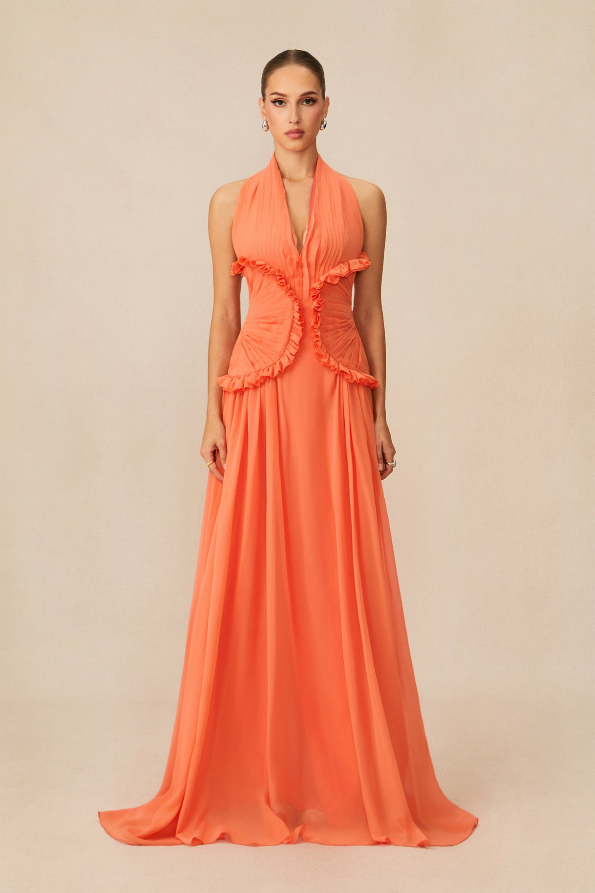 Aliza Halter Neck Ruffle Trim Maxi Dress