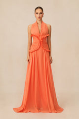 Aliza Halter Neck Ruffle Trim Maxi Dress