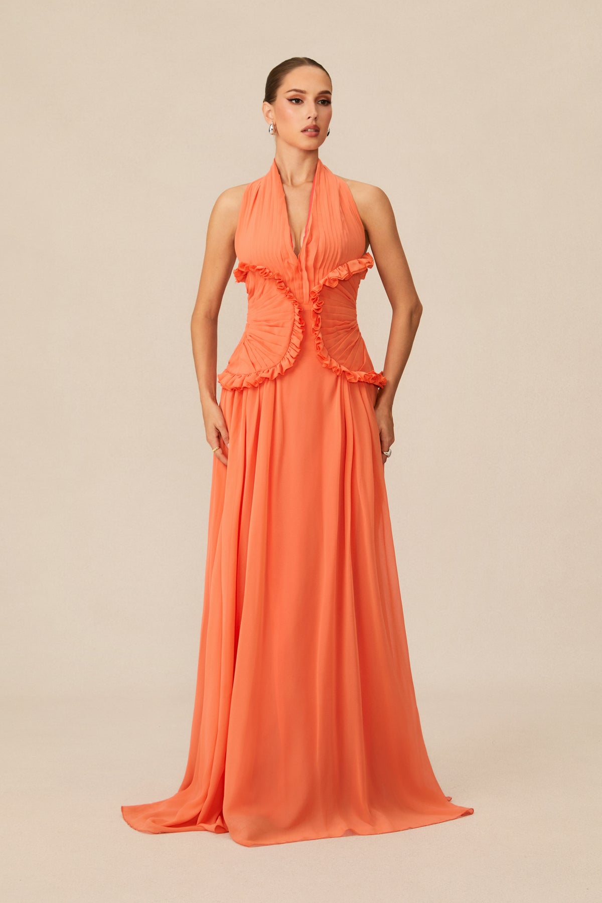 Aliza Halter Neck Ruffle Trim Maxi Dress