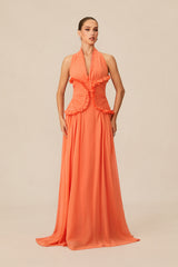 Aliza Halter Neck Ruffle Trim Maxi Dress