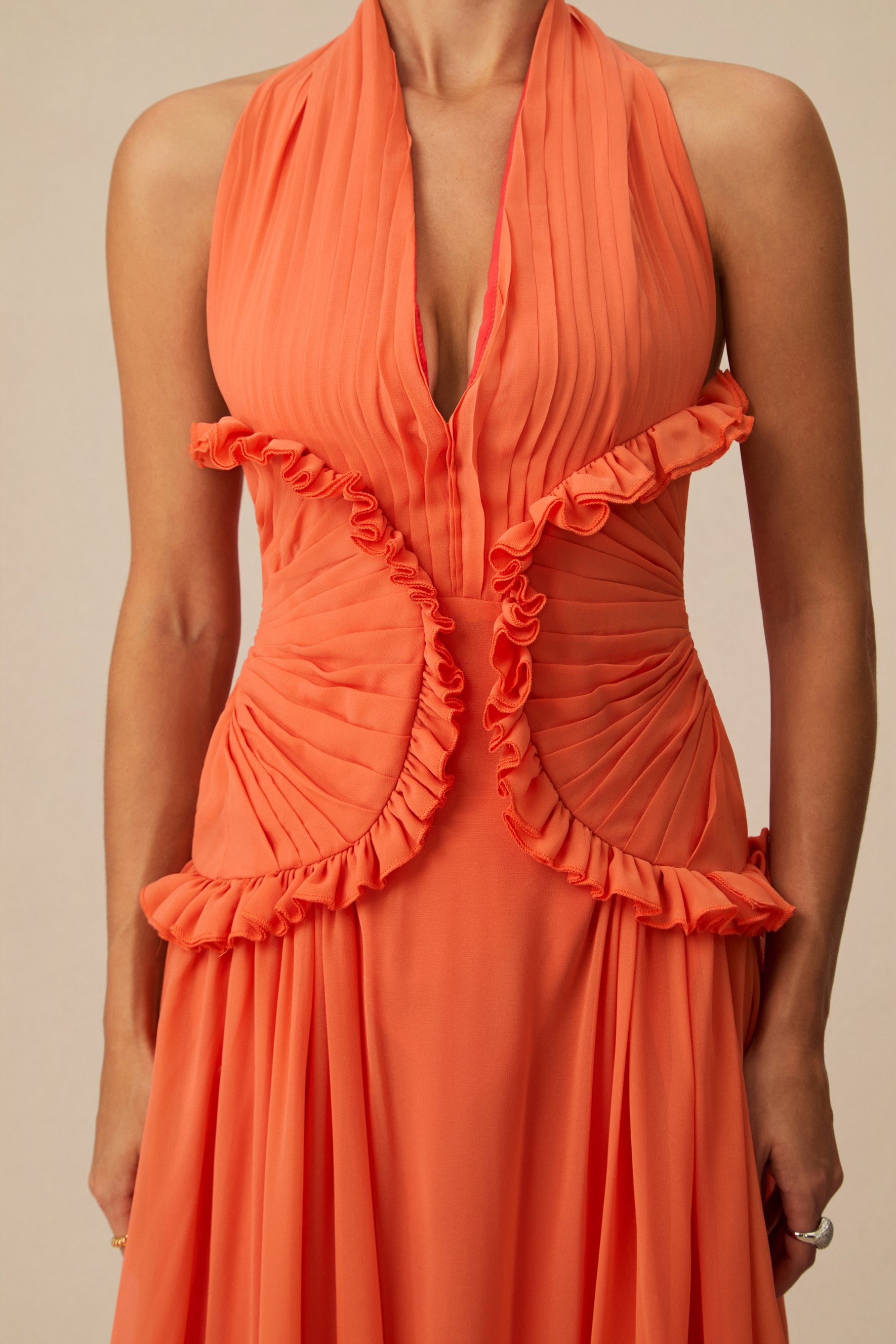 Aliza Halter Neck Ruffle Trim Maxi Dress