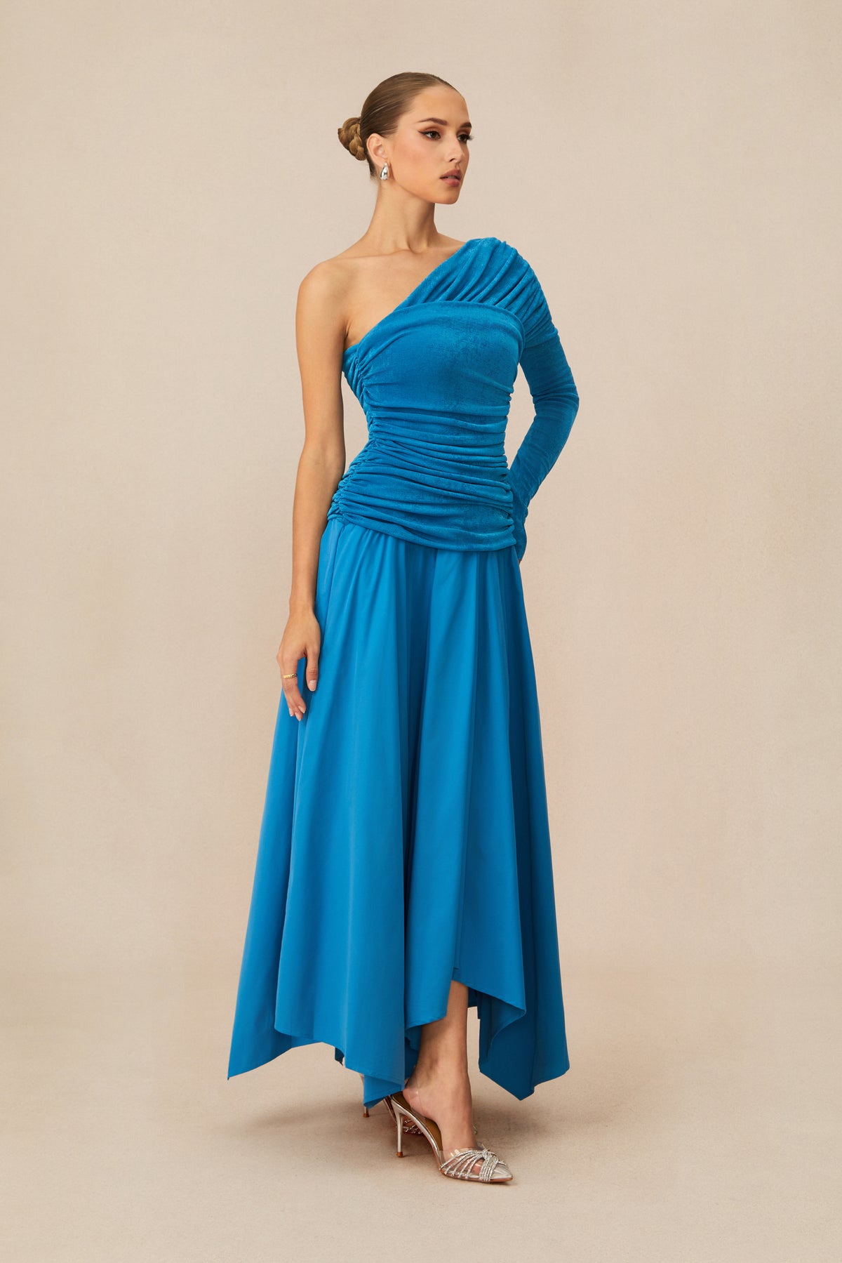 Jane One Shoulder Asymmetric Hem Maxi Dress
